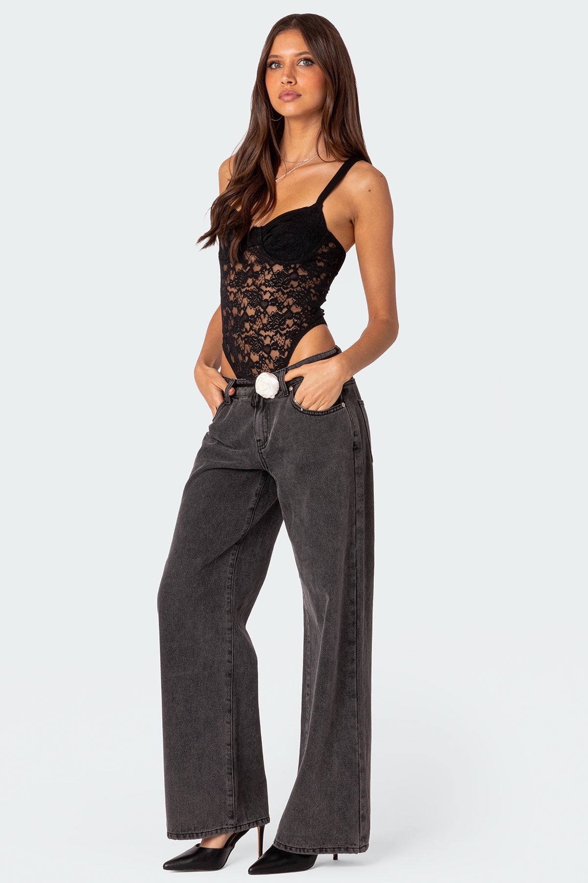 Lace & Satin Effect Cupped Bodysuit-Milans Time