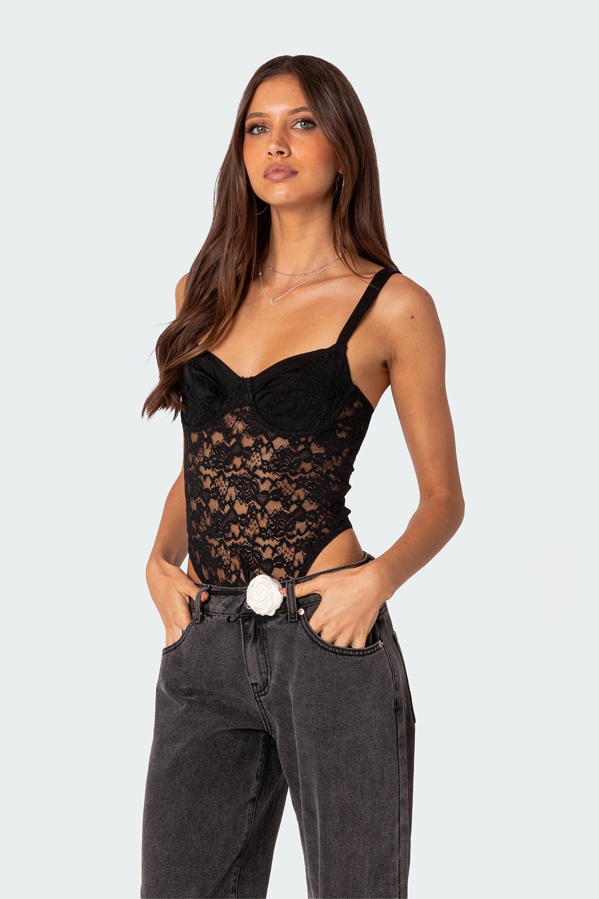 Lace & Satin Effect Cupped Bodysuit-Milans Time