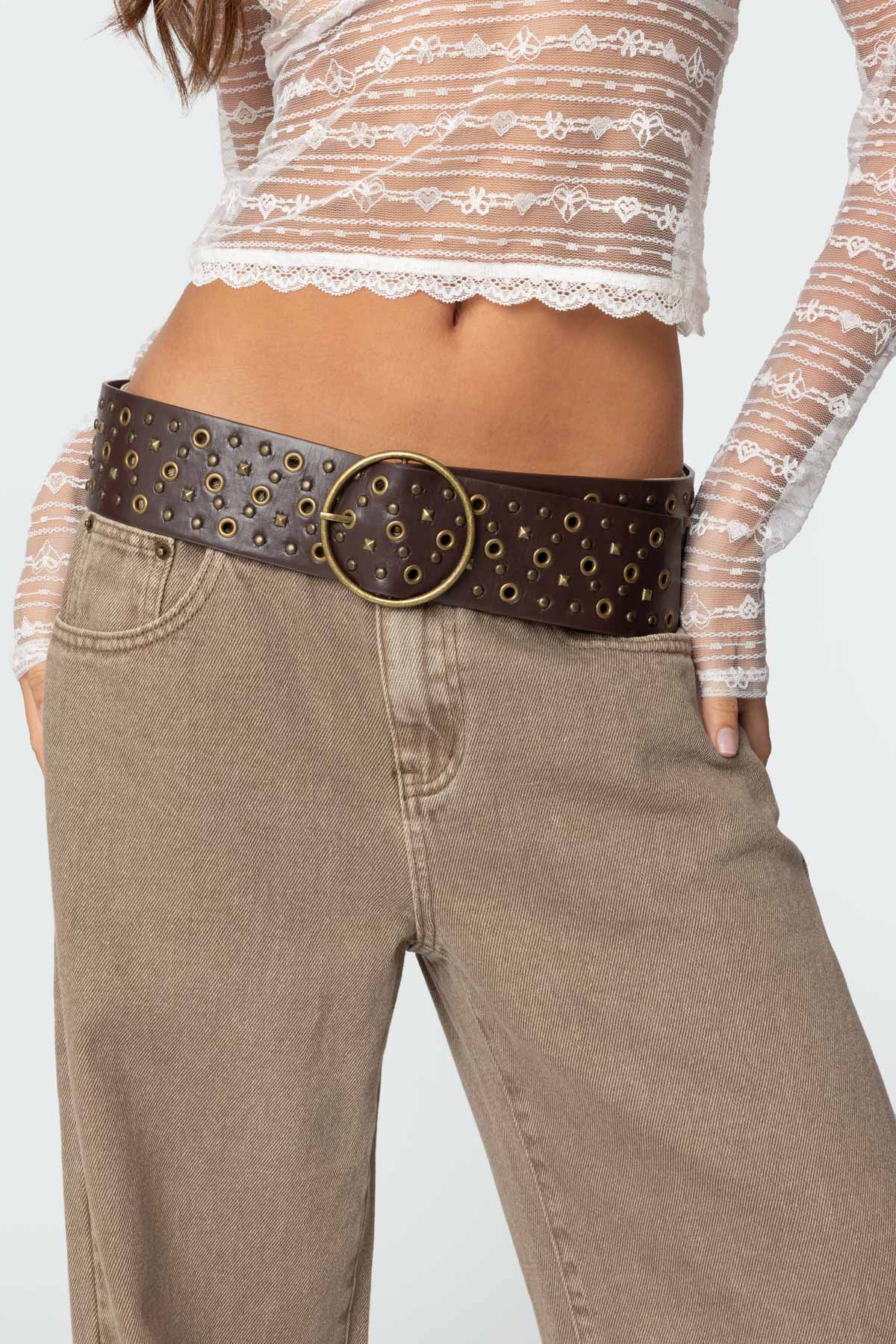 Stud & Grommet Faux Leather Belt-Milans Time