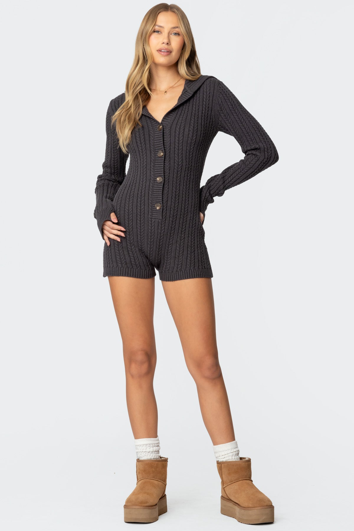 Hooded Cable Knit Romper-Milans Time