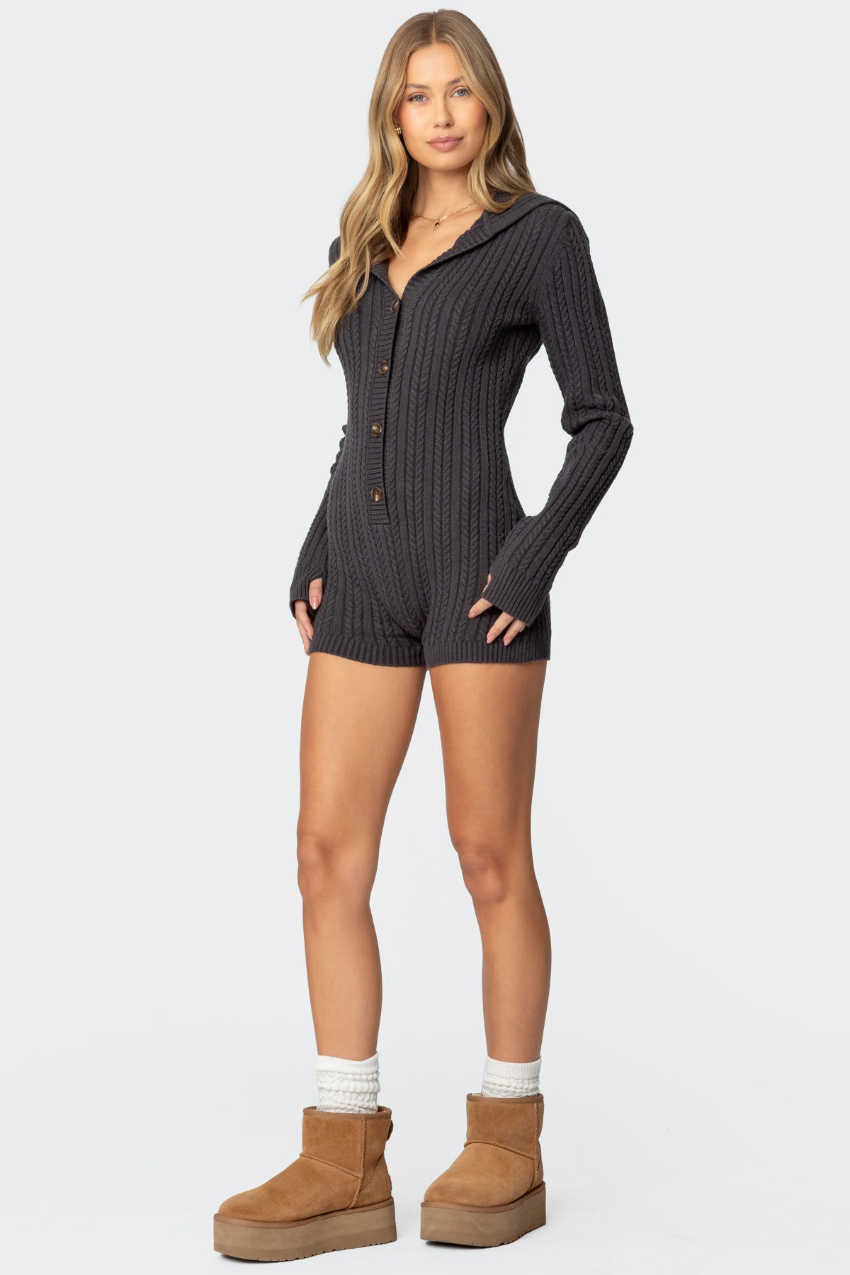 Hooded Cable Knit Romper-Milans Time