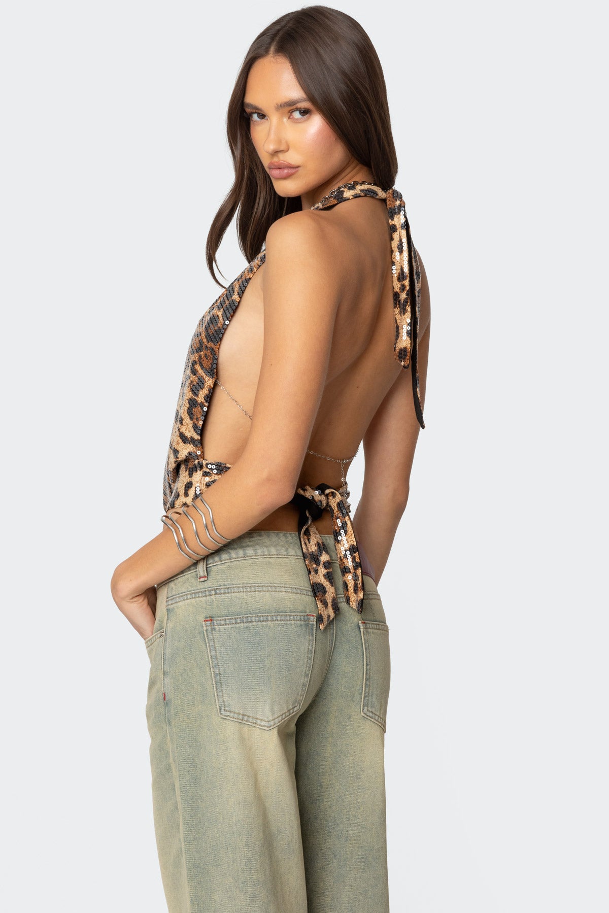 Sequin Leopard Printed Cowl Neck Top-Milans Time