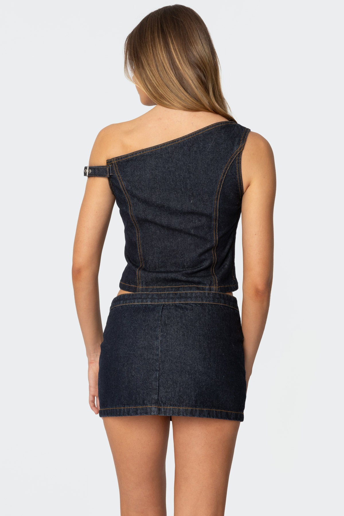 Keira Buckled Asymmetric Denim Top-Milans Time