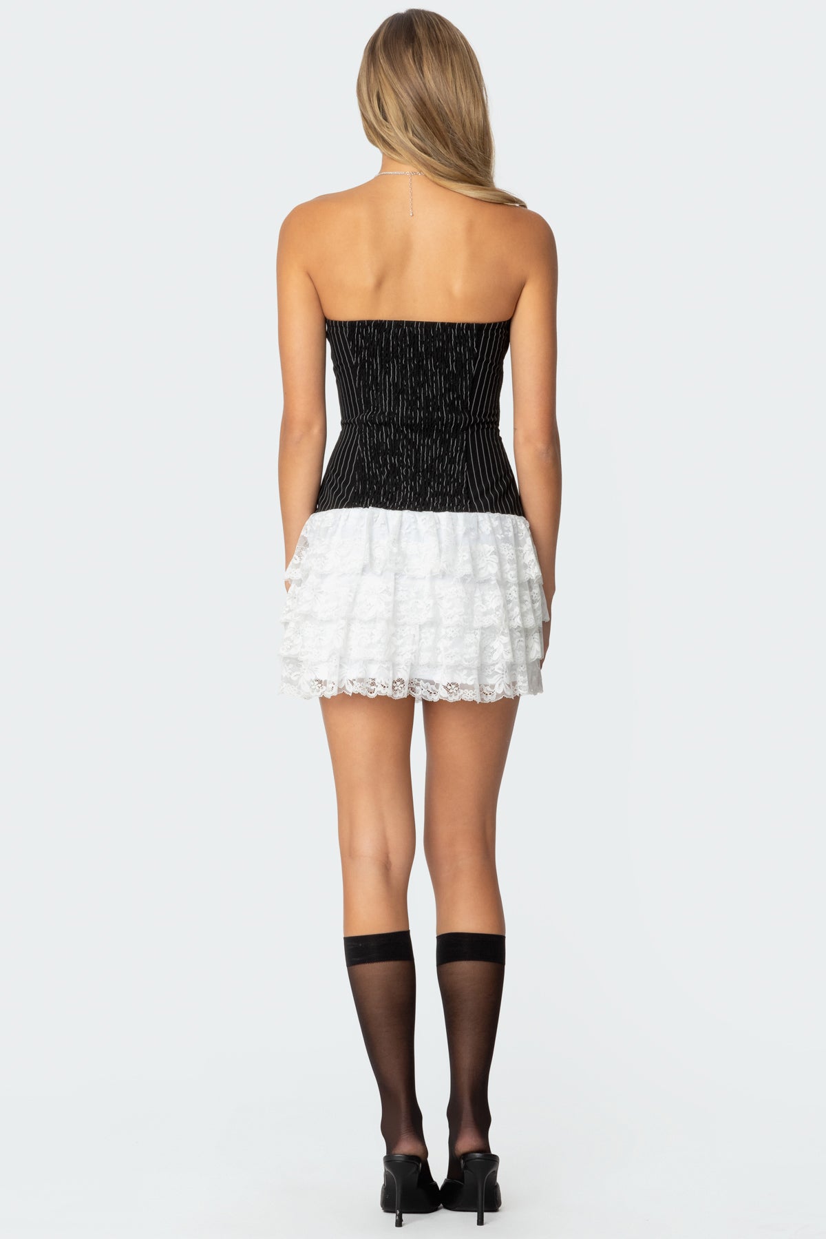 Strapless Pinstripe Ruffle Skirt Mini Dress-Milans Time