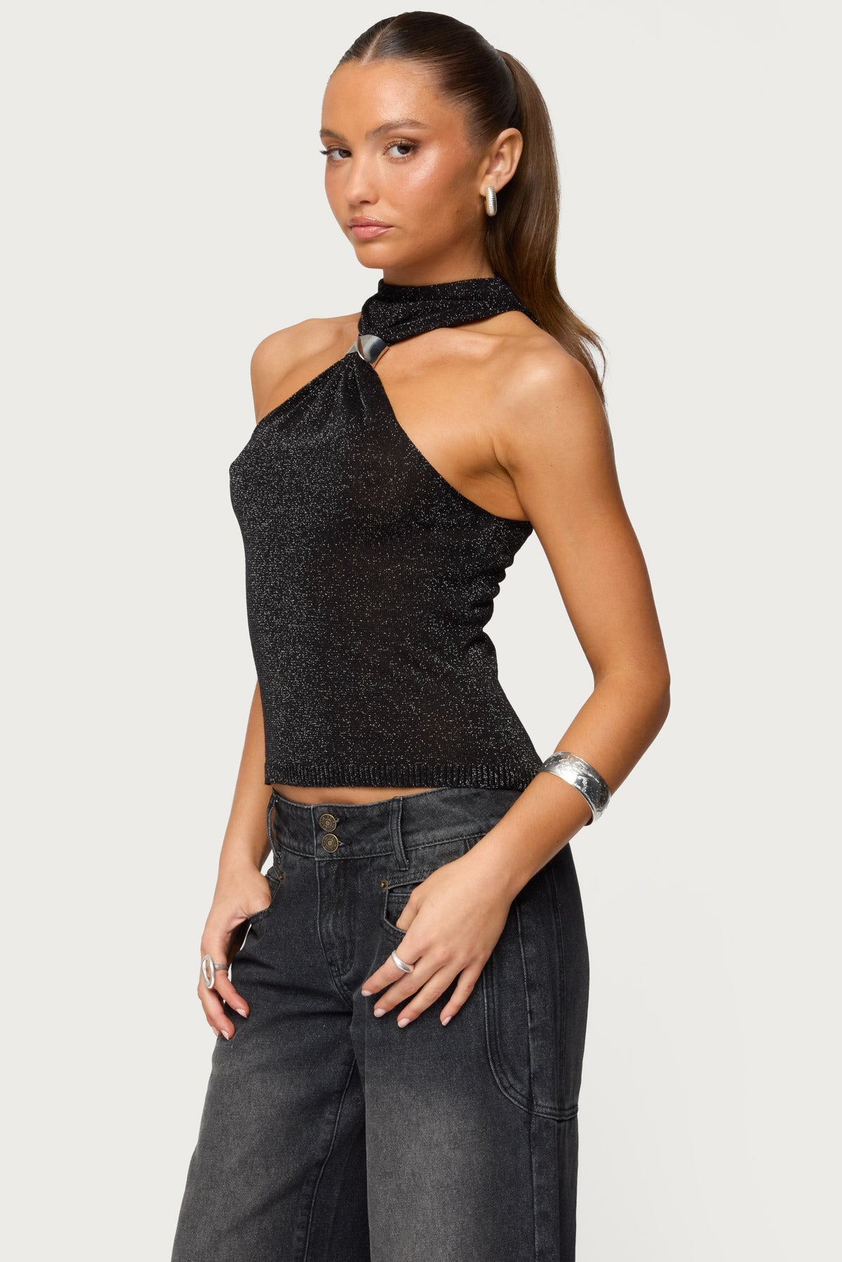 Nalia Gathered Ring Glitter Knit Top-Milans Time
