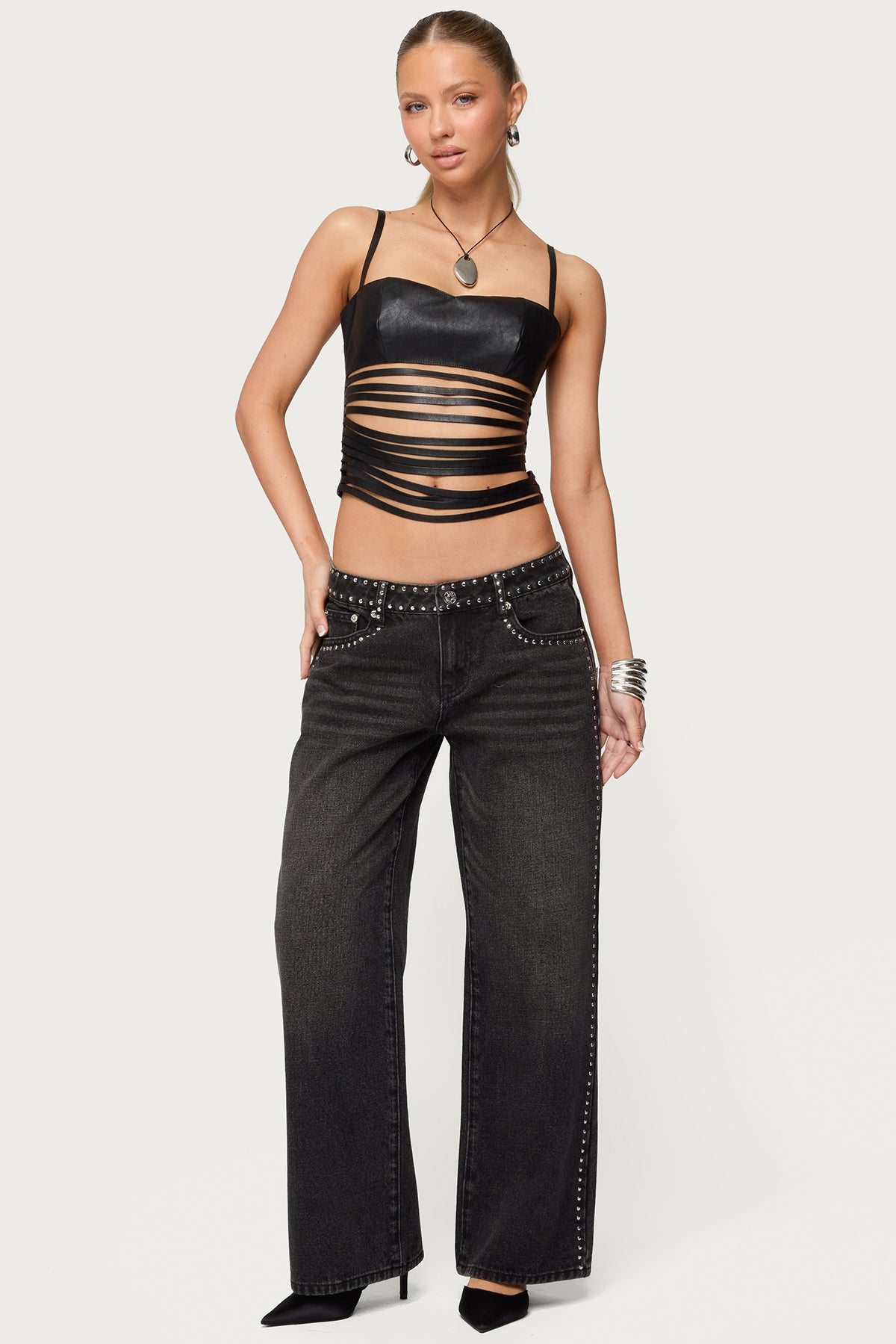 Nia Cutout Shredded Faux Leather Top-Milans Time