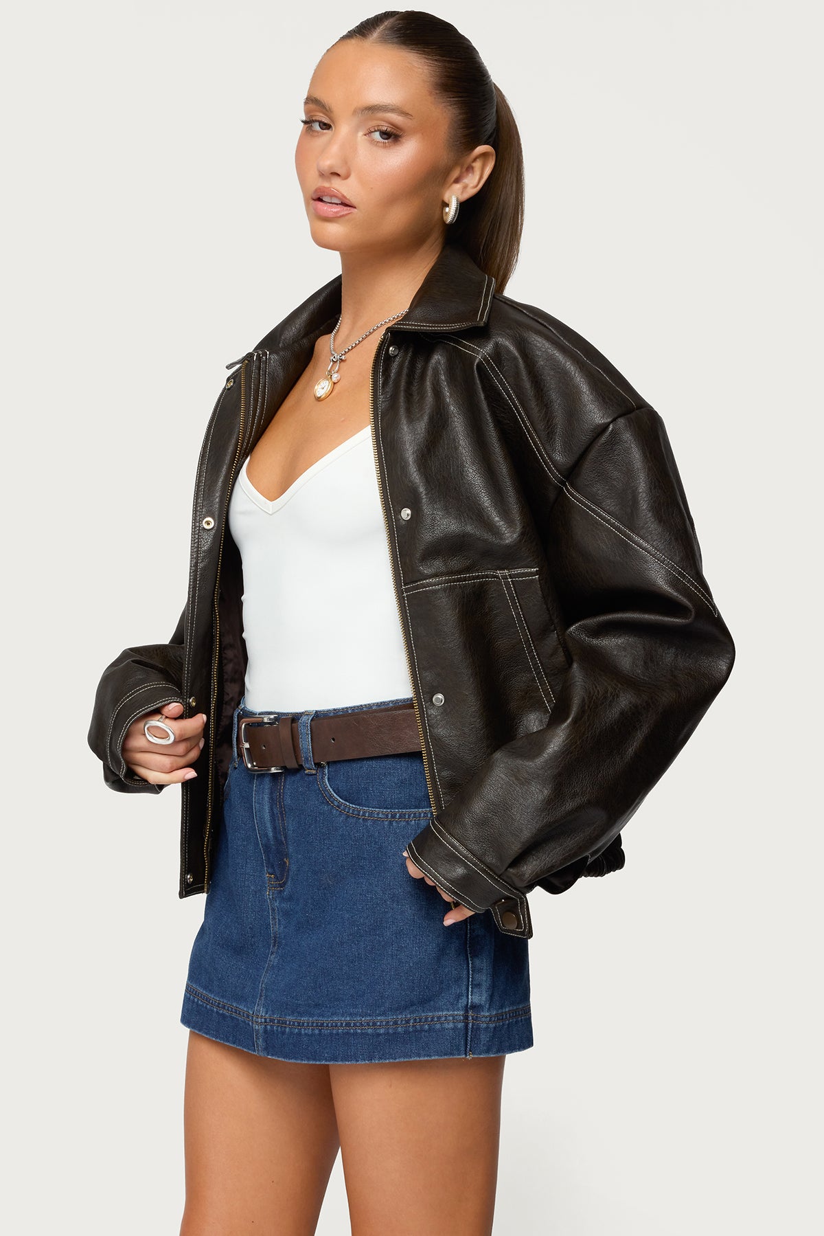 Jaxson Oversized Faux Leather Bomber Jacket-Milans Time