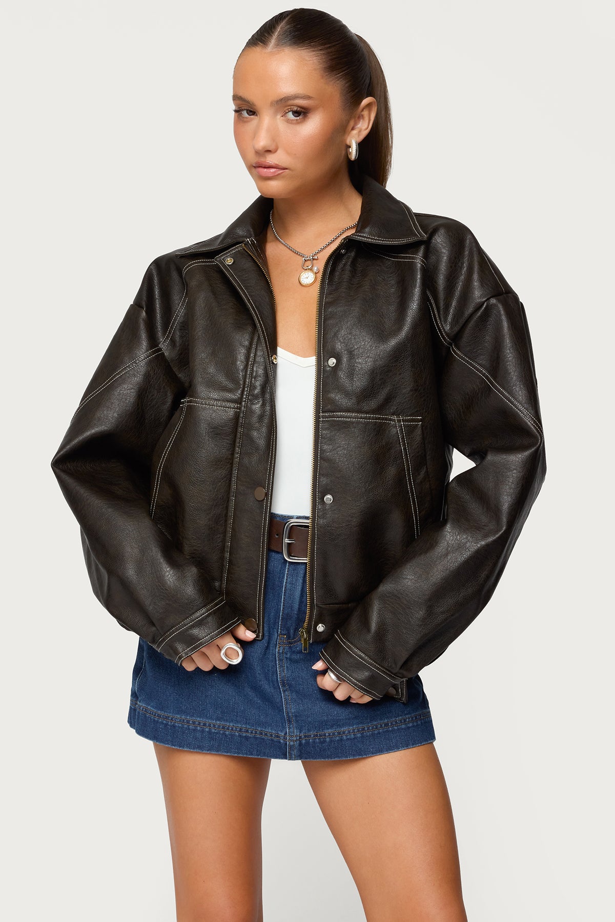 Jaxson Oversized Faux Leather Bomber Jacket-Milans Time