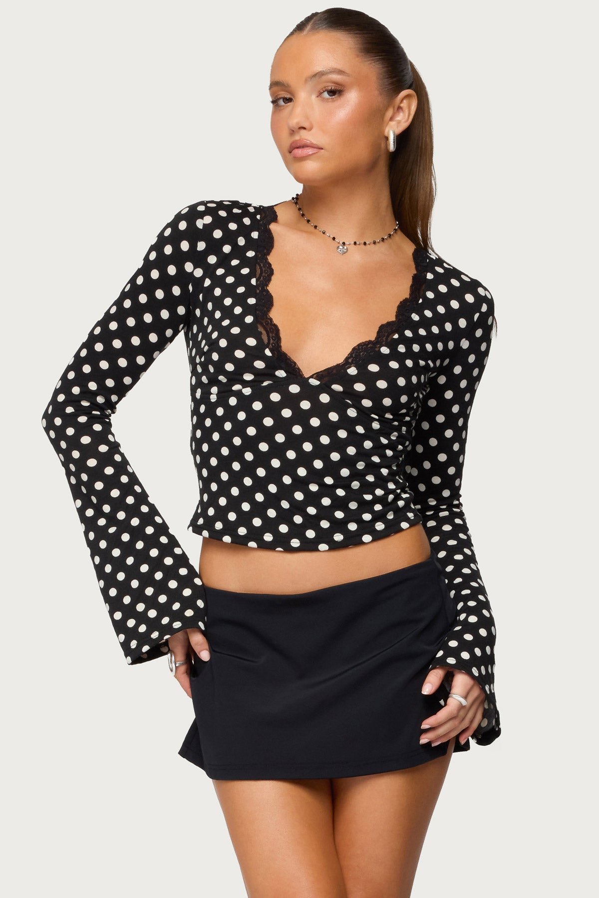 Polka Dot Lacey Plunge Neck Top-Milans Time