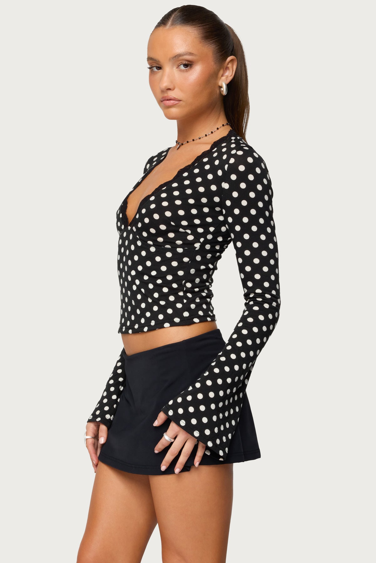 Polka Dot Lacey Plunge Neck Top-Milans Time
