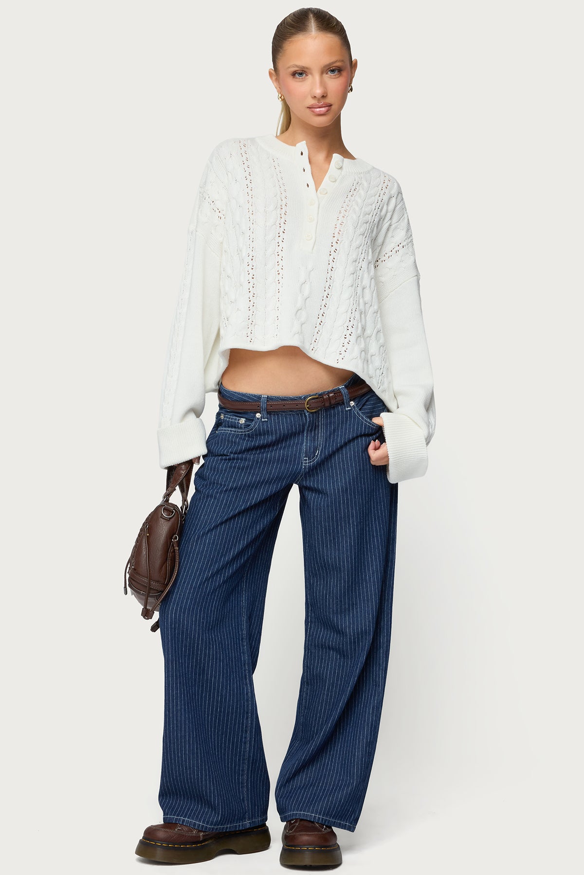 Petite Pinstripe Low Rise Baggy Jeans-Milans Time