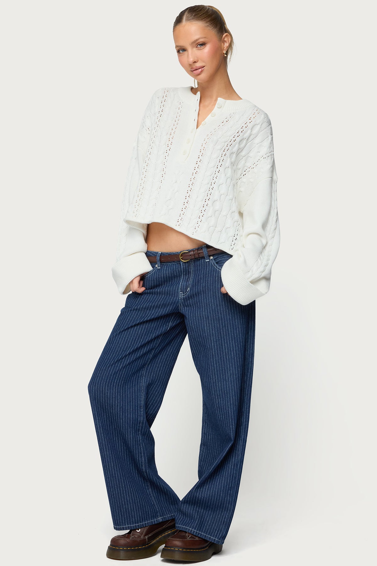 Petite Pinstripe Low Rise Baggy Jeans-Milans Time