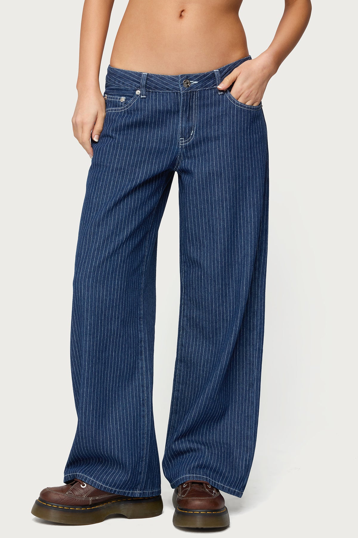 Petite Pinstripe Low Rise Baggy Jeans-Milans Time