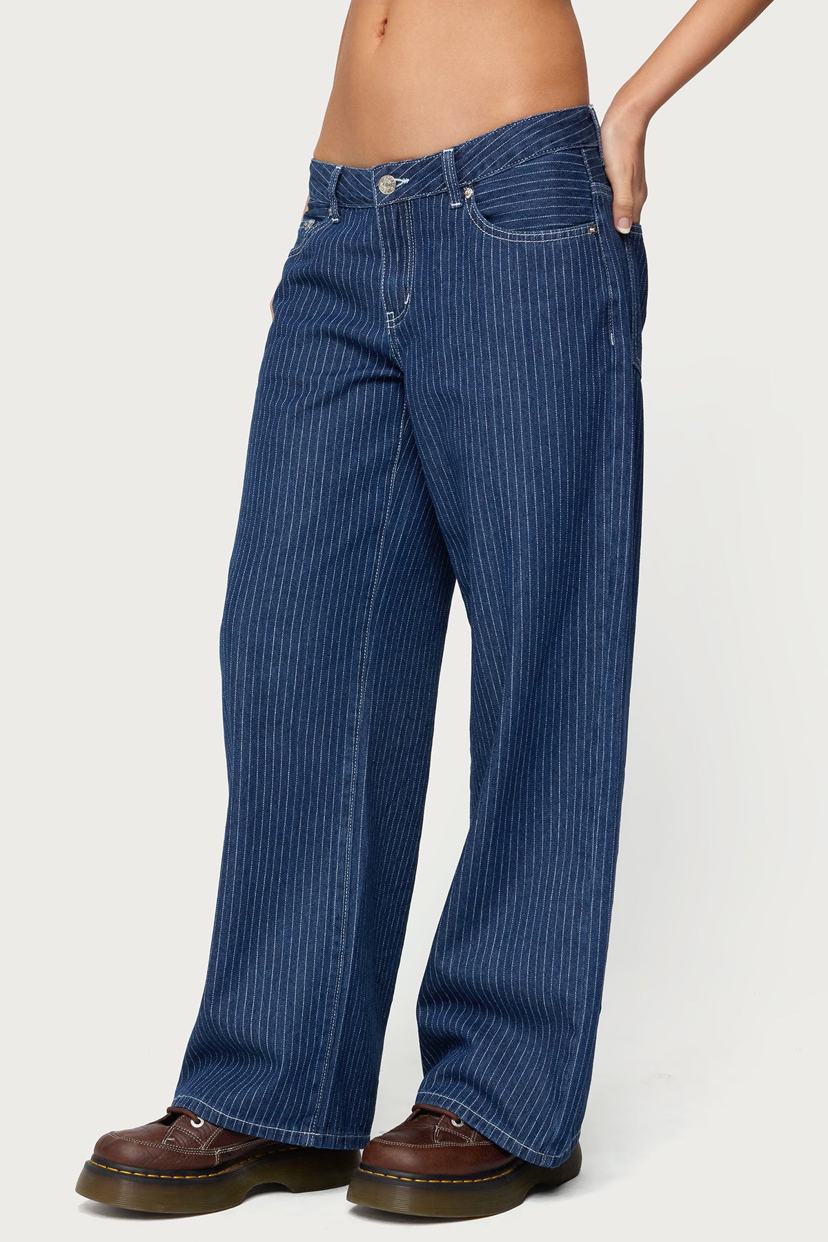 Petite Pinstripe Low Rise Baggy Jeans-Milans Time