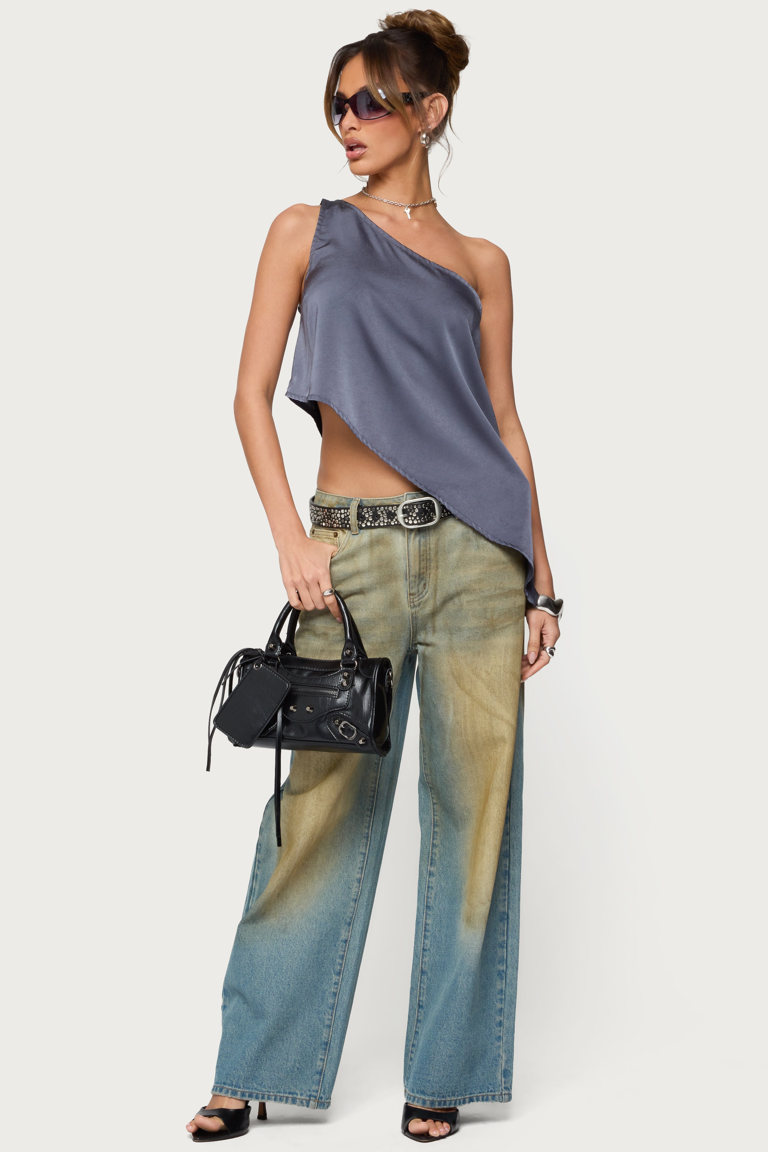 Asymmetric Satin Effect One Shoulder Top-Milans Time