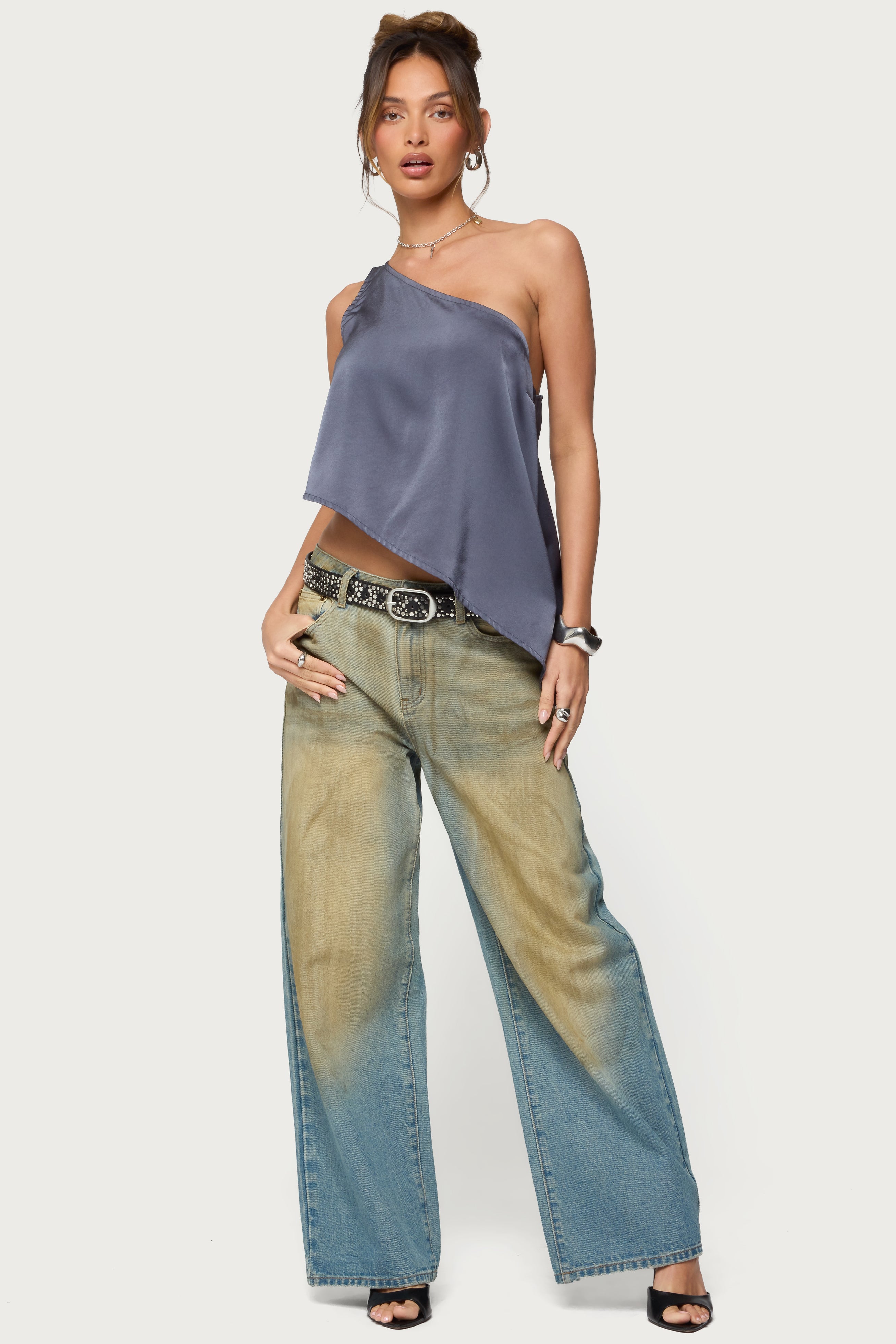 Asymmetric Satin Effect One Shoulder Top-Milans Time