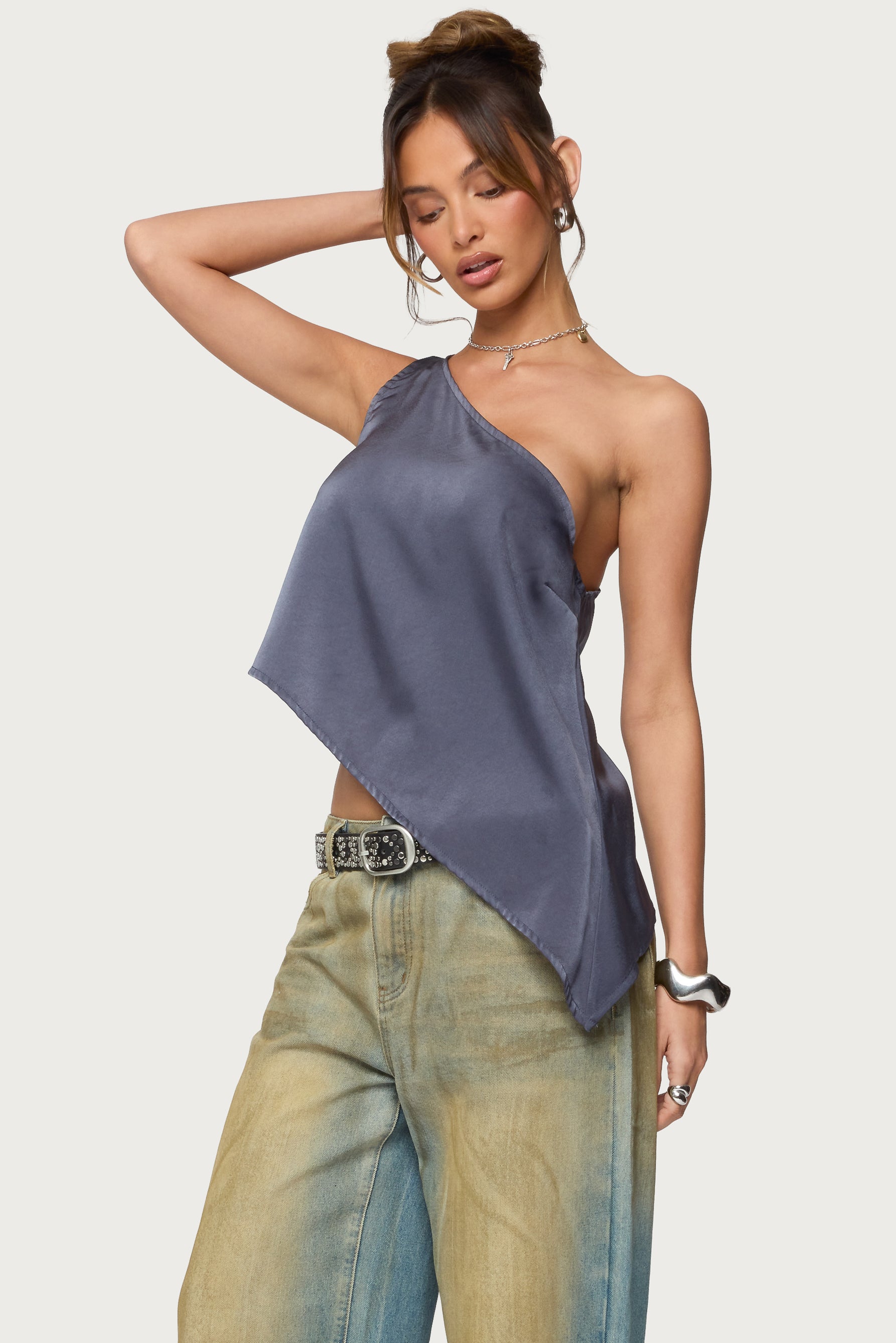 Asymmetric Satin Effect One Shoulder Top-Milans Time