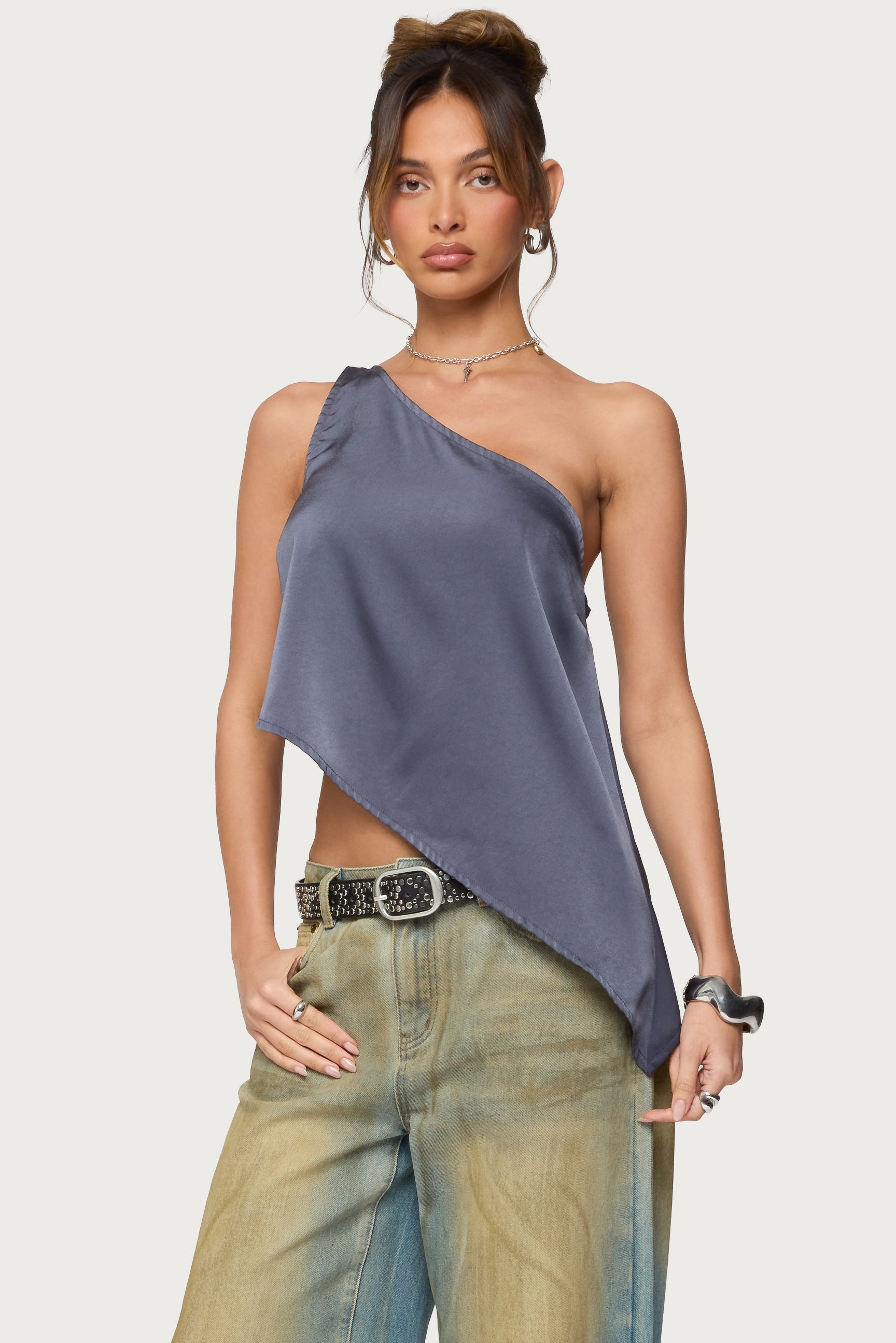 Asymmetric Satin Effect One Shoulder Top-Milans Time