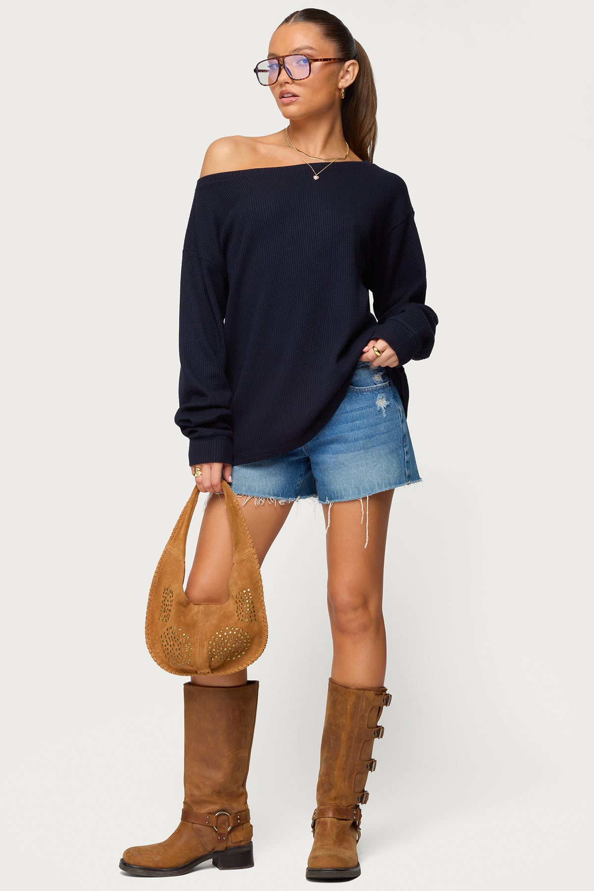 Damari Off Shoulder Oversized Waffle Top-Milans Time