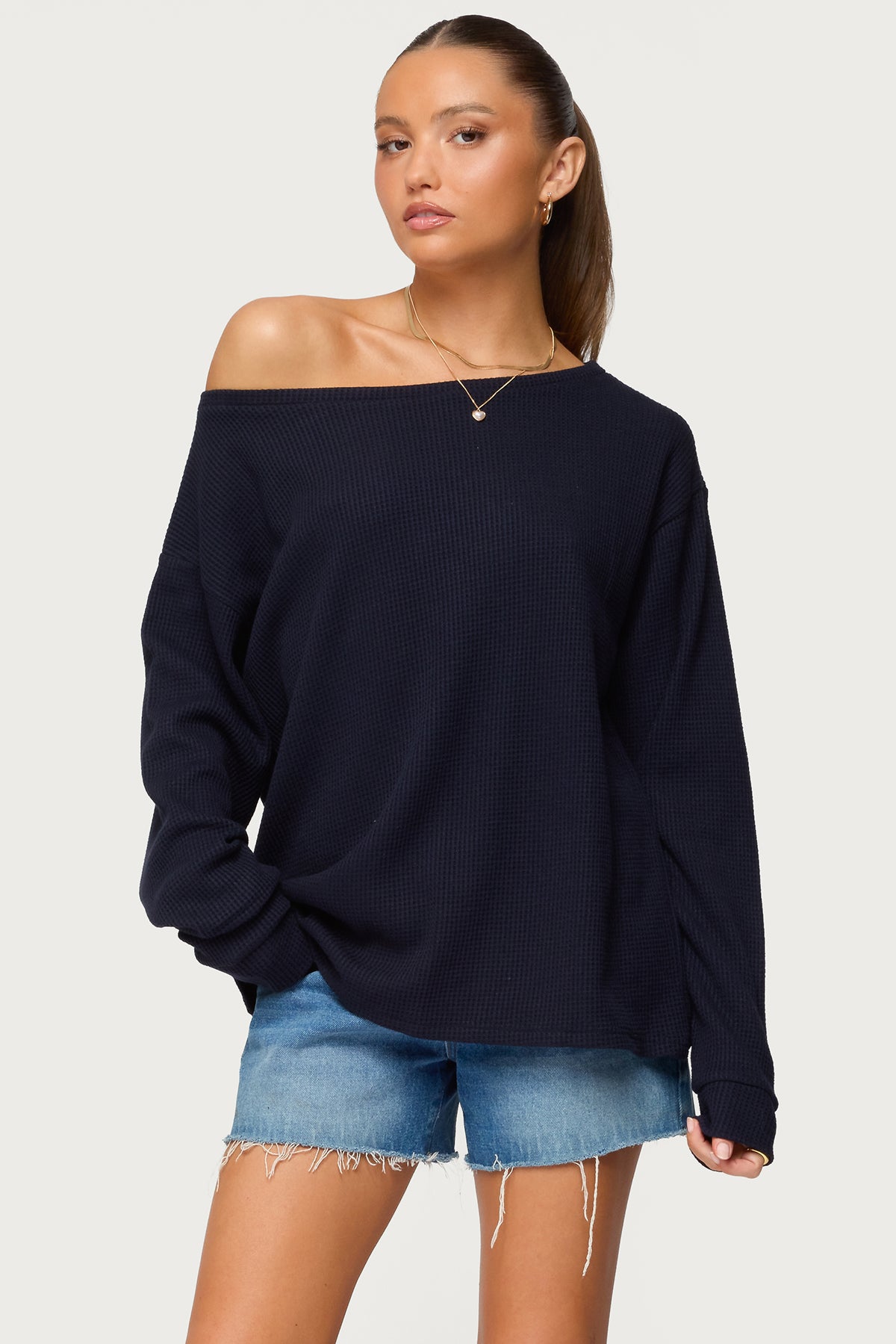 Damari Off Shoulder Oversized Waffle Top-Milans Time