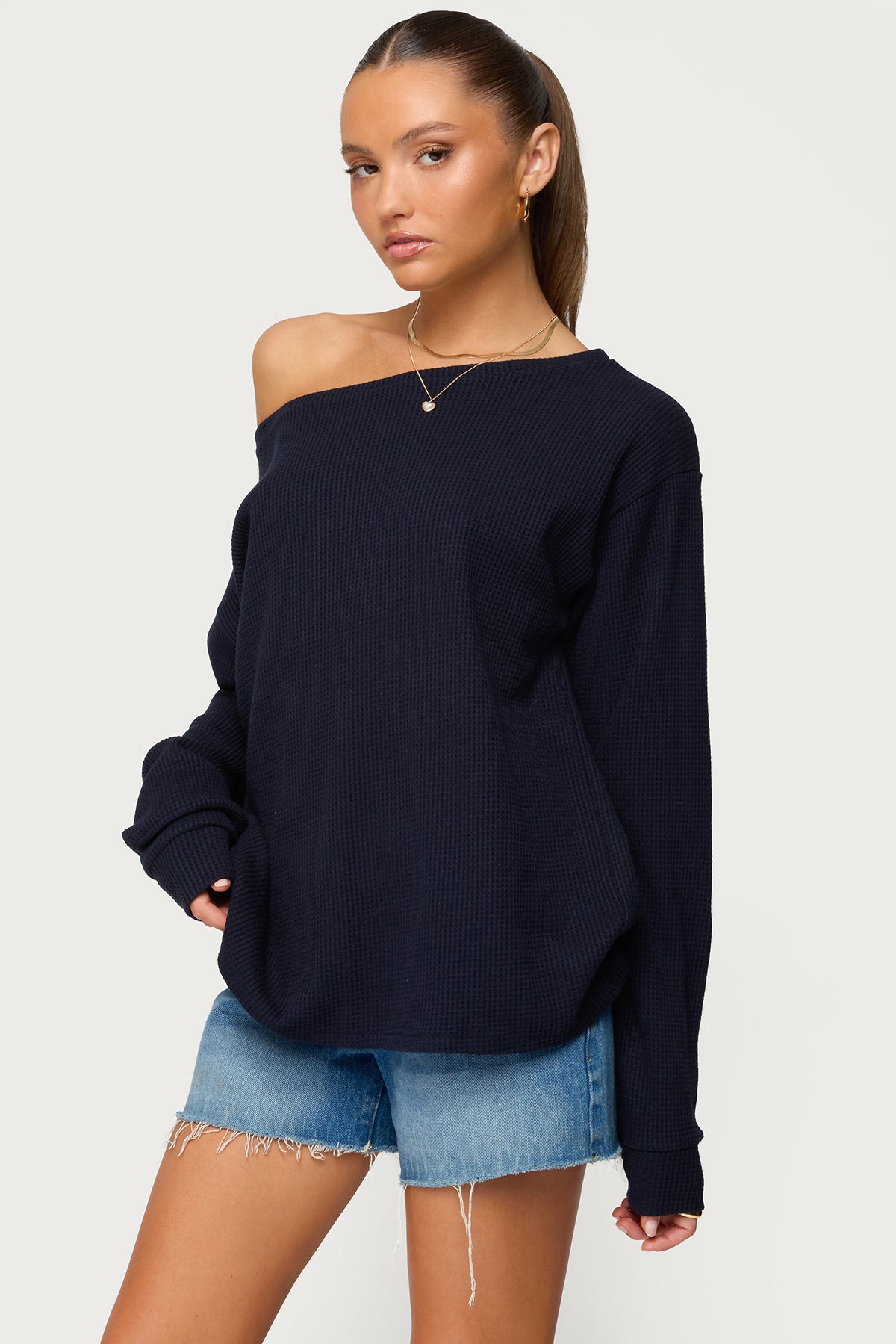 Damari Off Shoulder Oversized Waffle Top-Milans Time