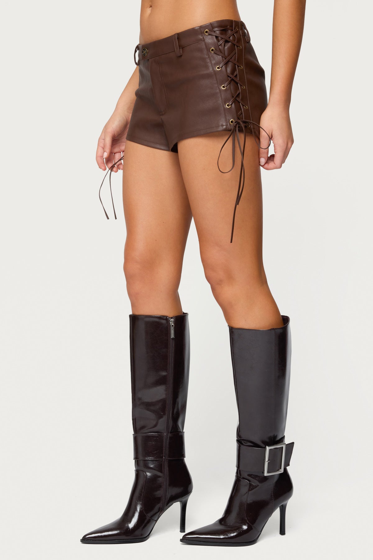 Kariss Lace Up Faux Leather Micro Shorts-Milans Time