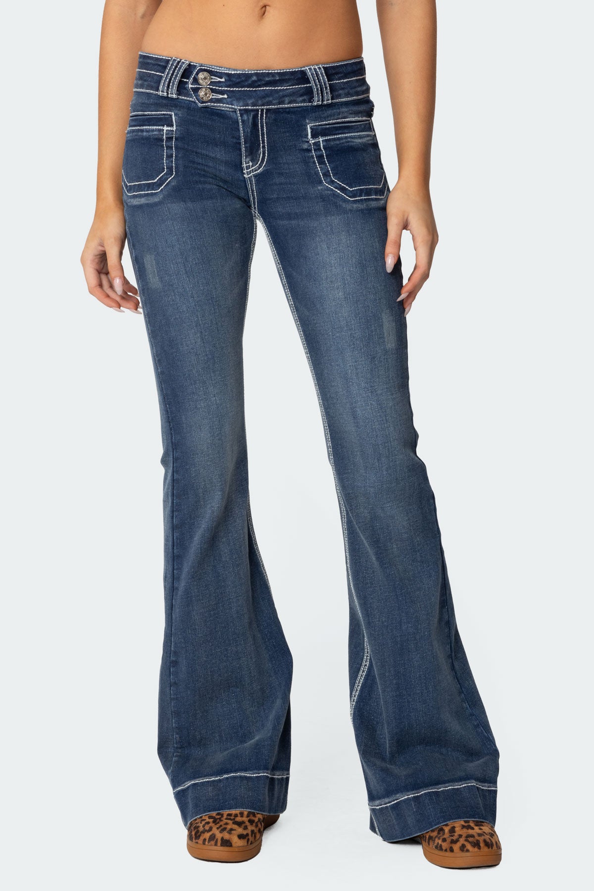 Contrast Stitch Low Rise Flared Jeans-Milans Time