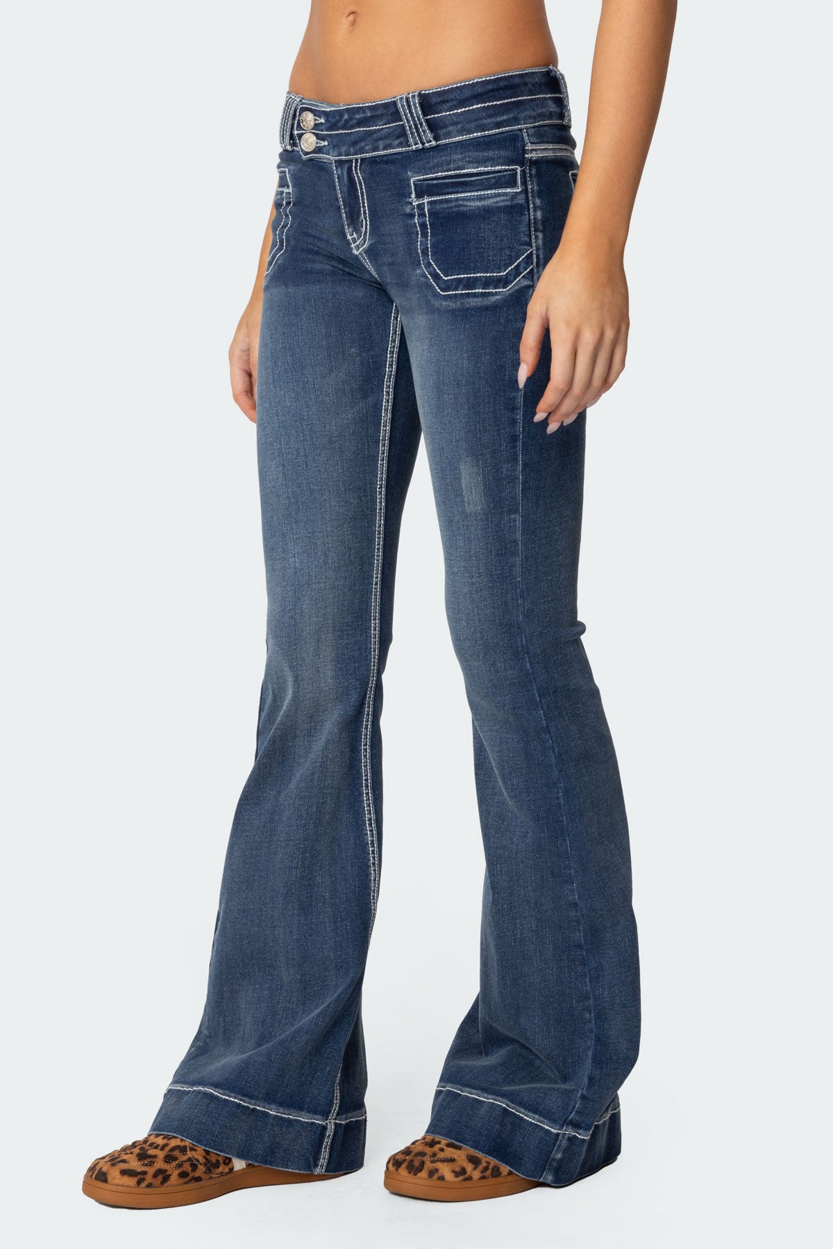 Contrast Stitch Low Rise Flared Jeans-Milans Time