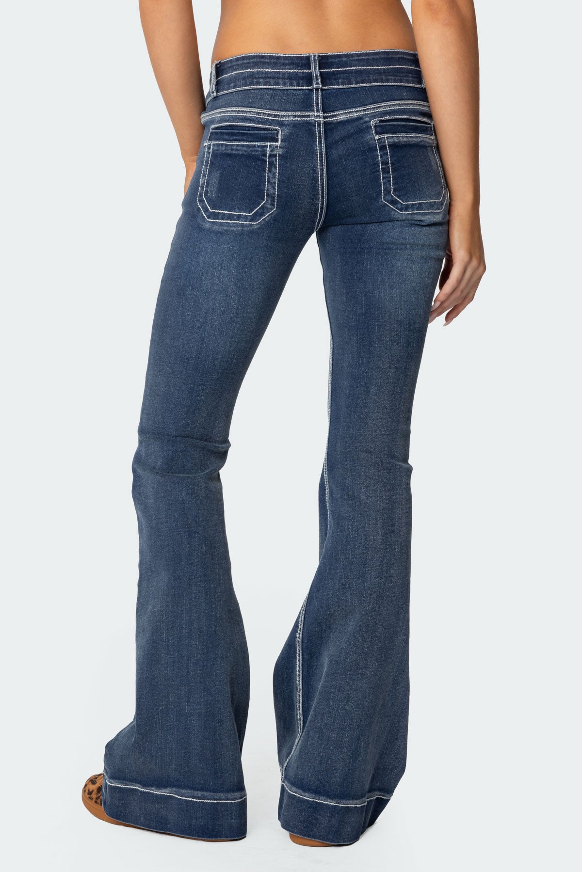 Contrast Stitch Low Rise Flared Jeans-Milans Time