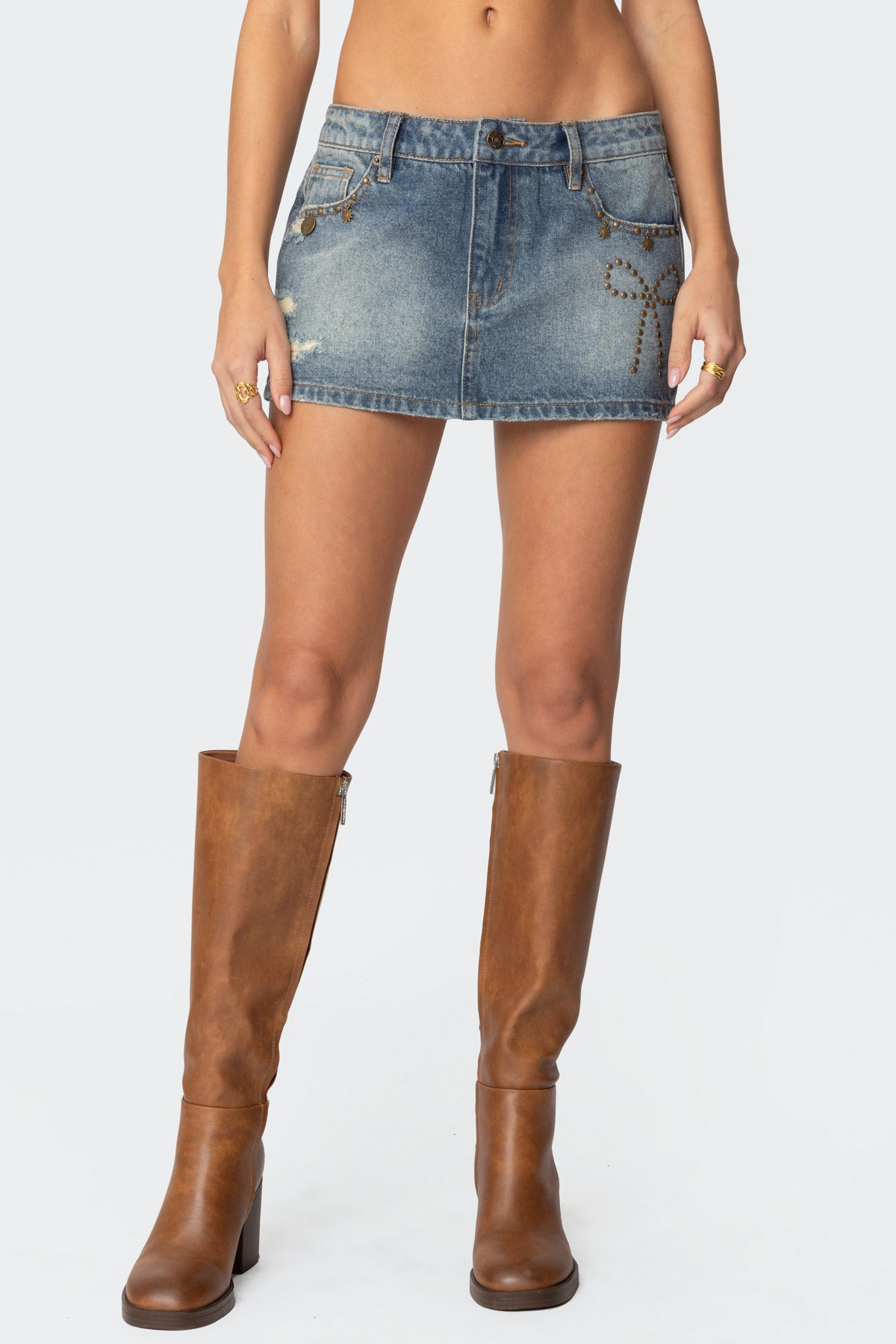 Studded Bow Distressed Denim Mini Skirt-Milans Time
