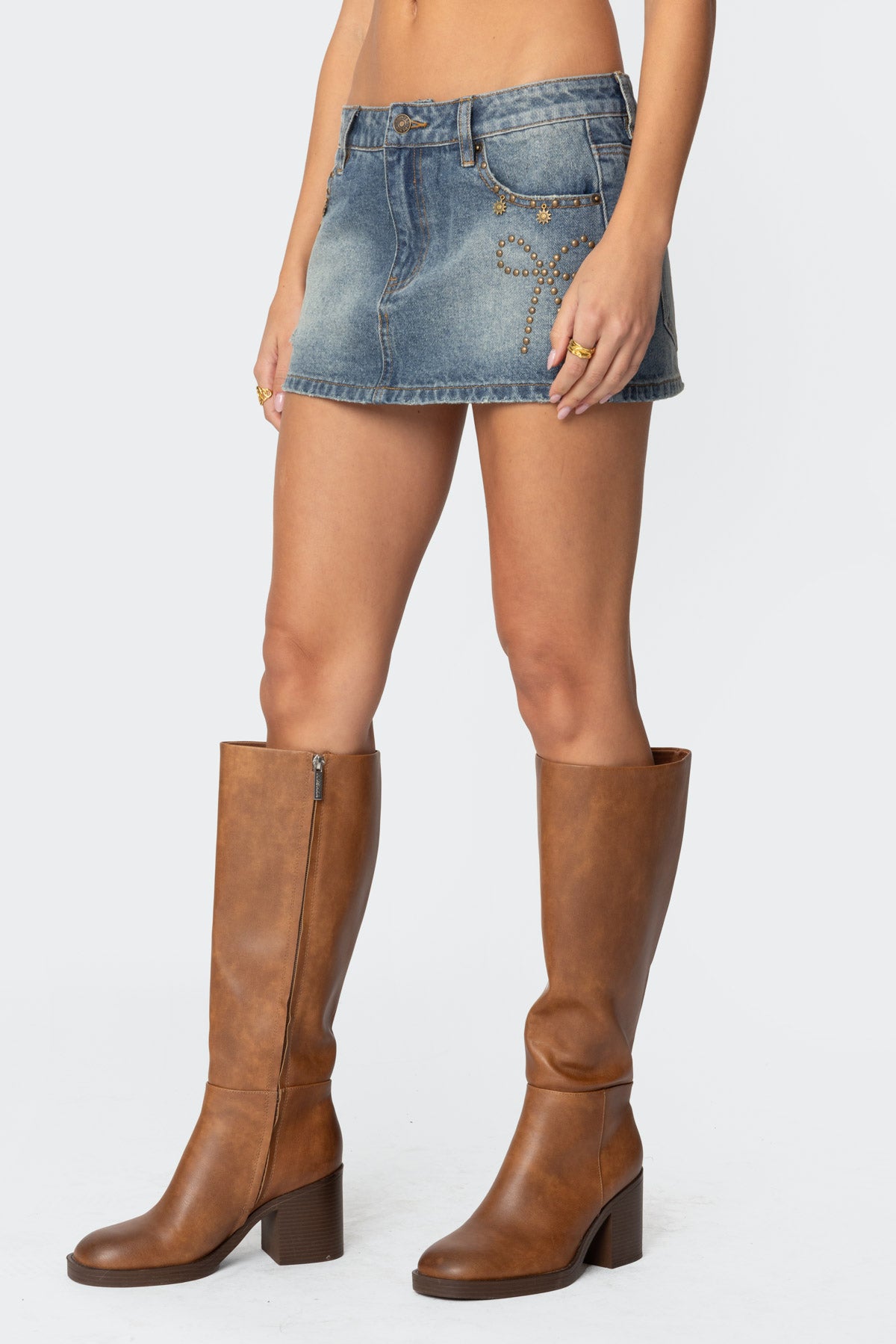 Studded Bow Distressed Denim Mini Skirt-Milans Time