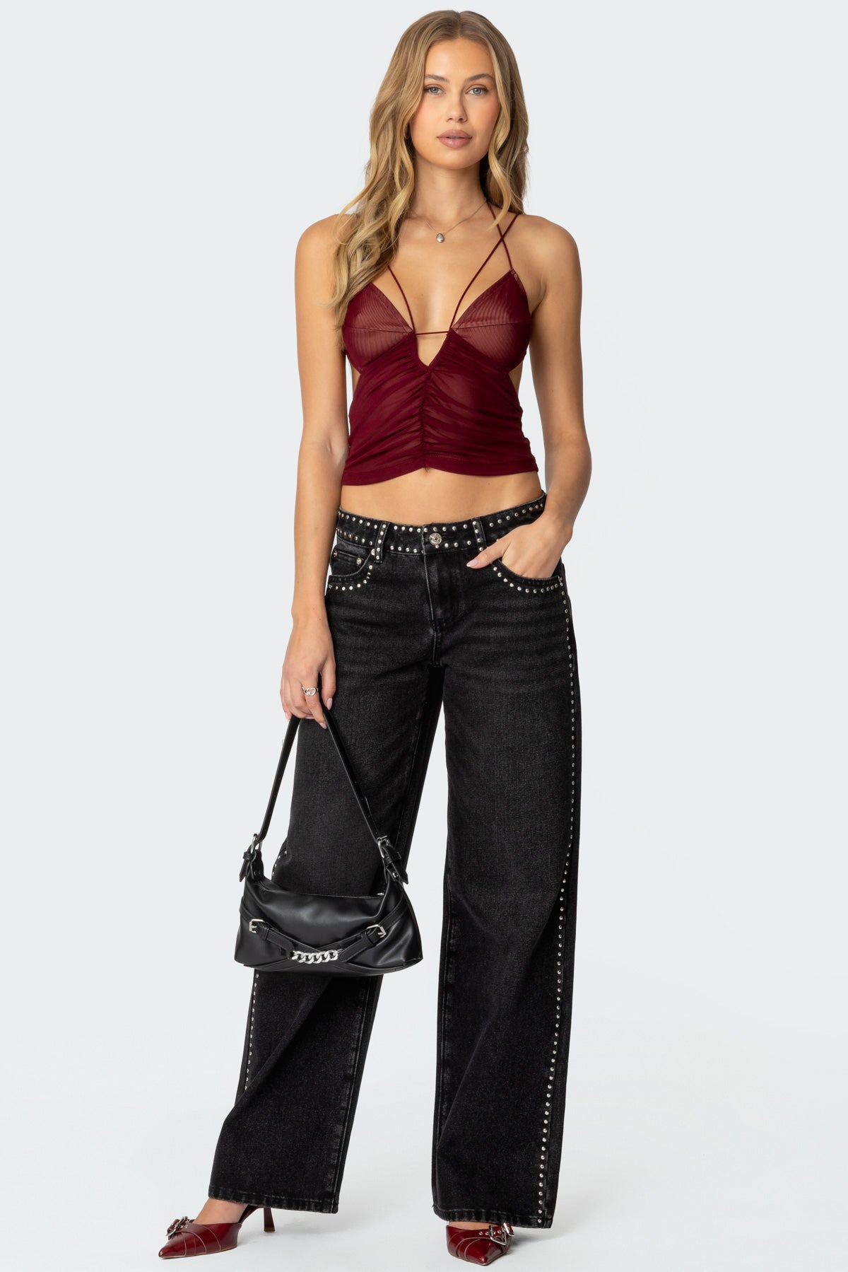 Strappy Ruched Mesh Top-Milans Time