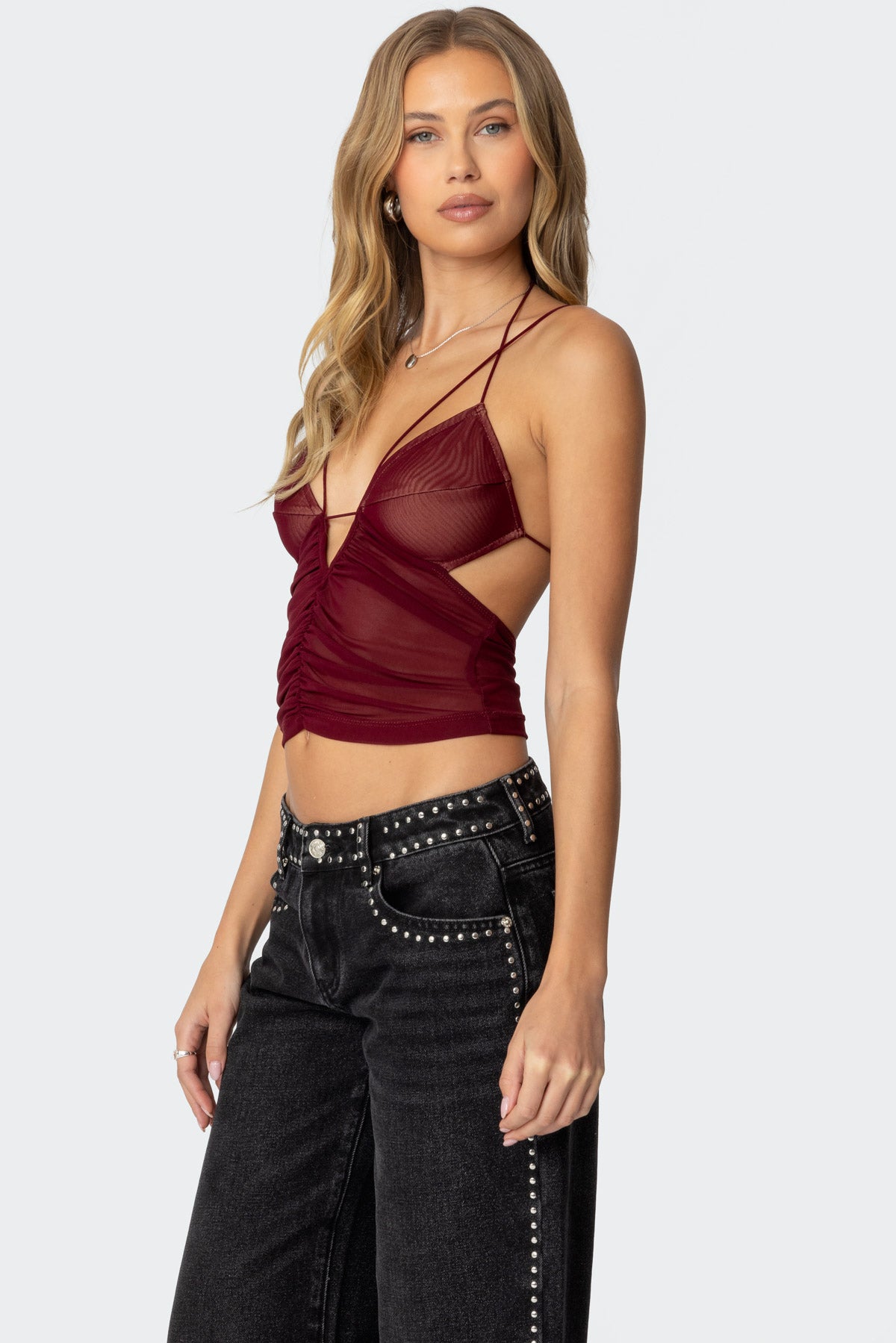 Strappy Ruched Mesh Top-Milans Time