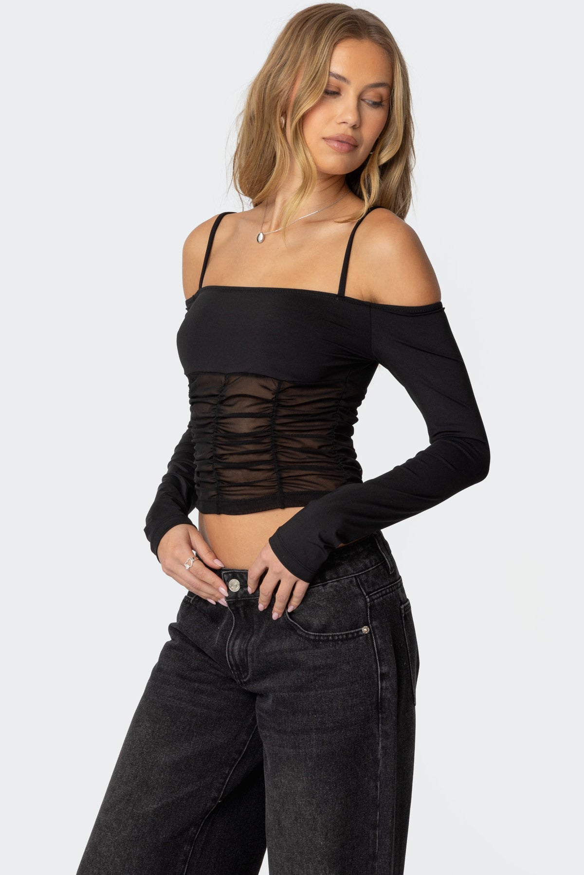 Susie Off Shoulder Mesh Top-Milans Time