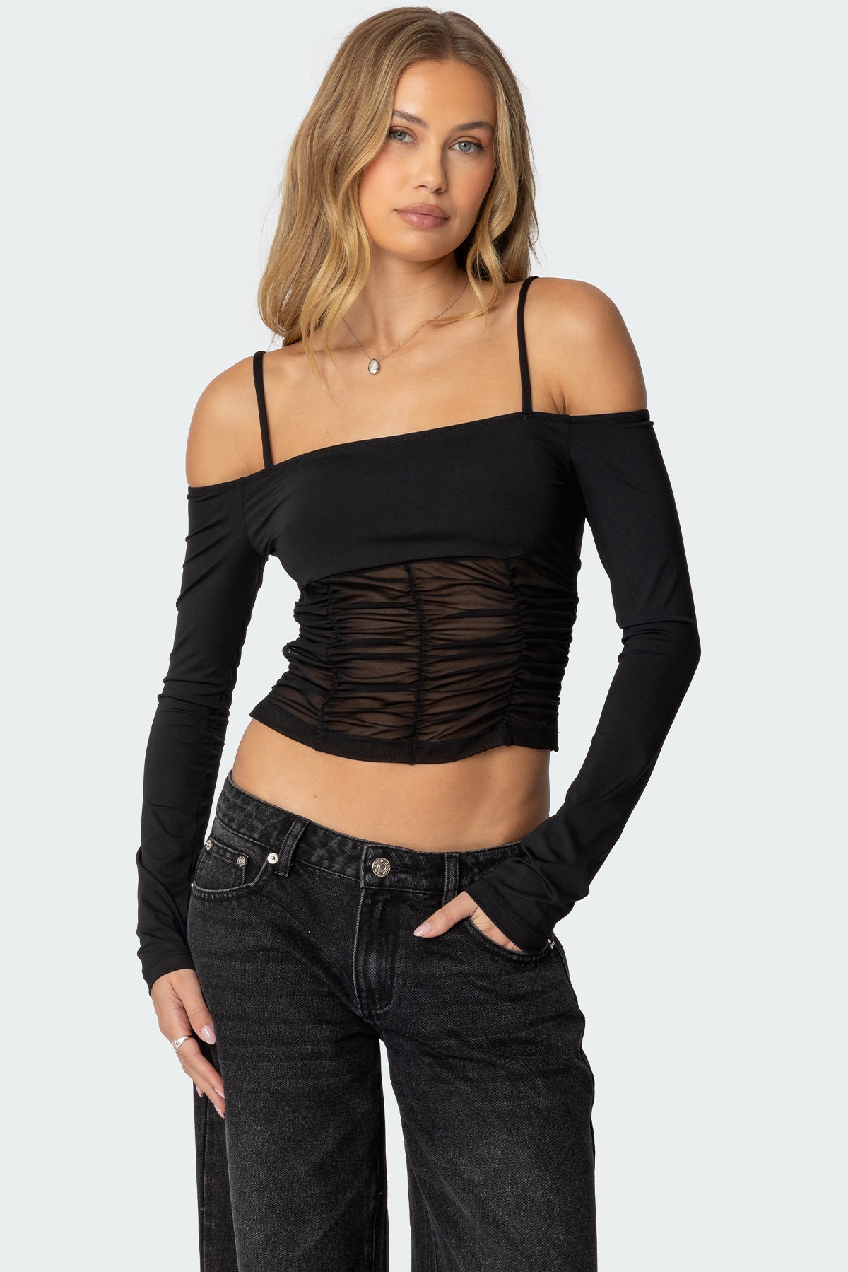 Susie Off Shoulder Mesh Top-Milans Time