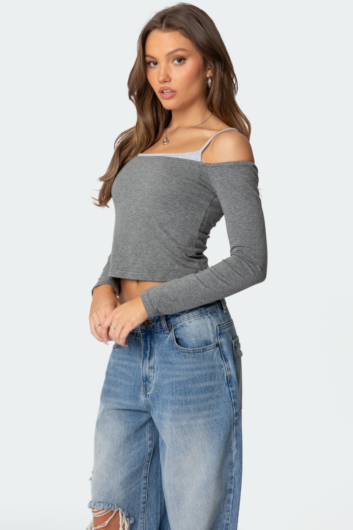 Off Shoulder Layered Long Sleeve T Shirt-Milans Time