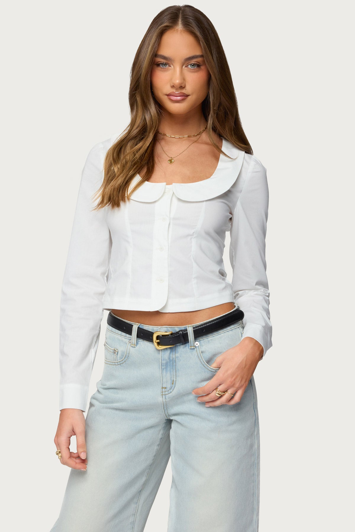 Scoop Neck Tailored Button Up Shirt-Milans Time