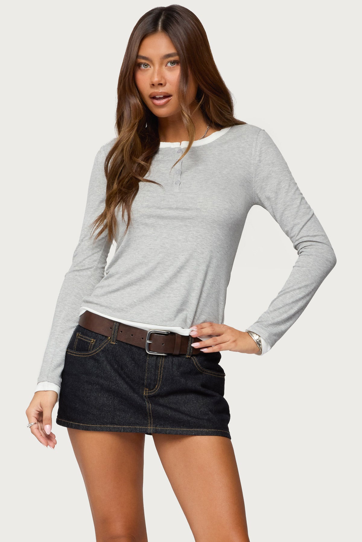 Contrast Layered Look Henley Top-Milans Time