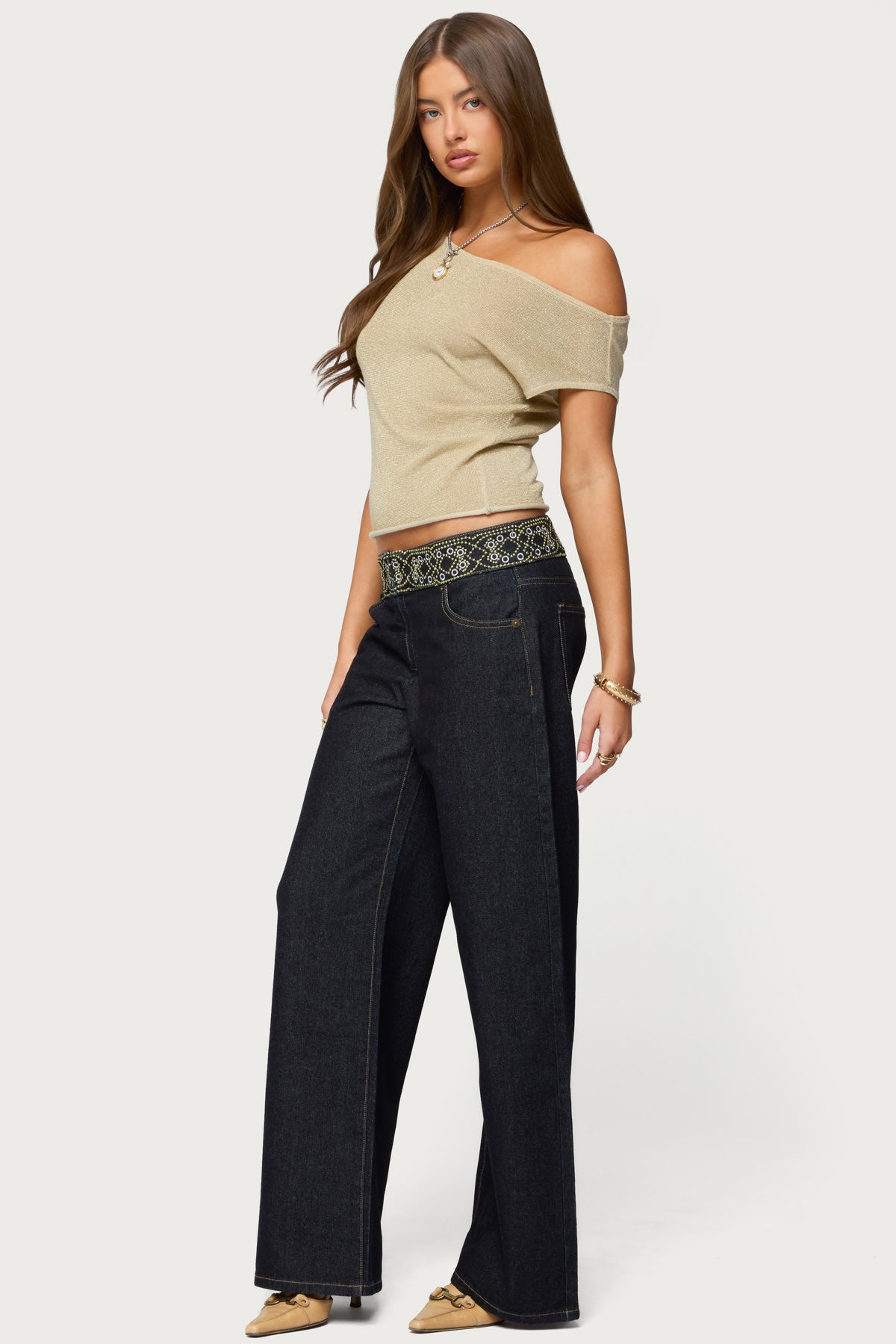 Carlie Embroidered Low Rise Wide Leg Jeans-Milans Time