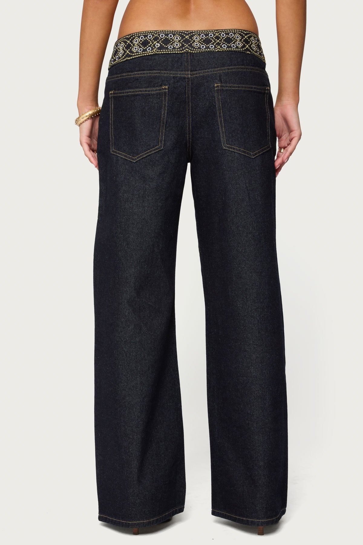 Carlie Embroidered Low Rise Wide Leg Jeans-Milans Time