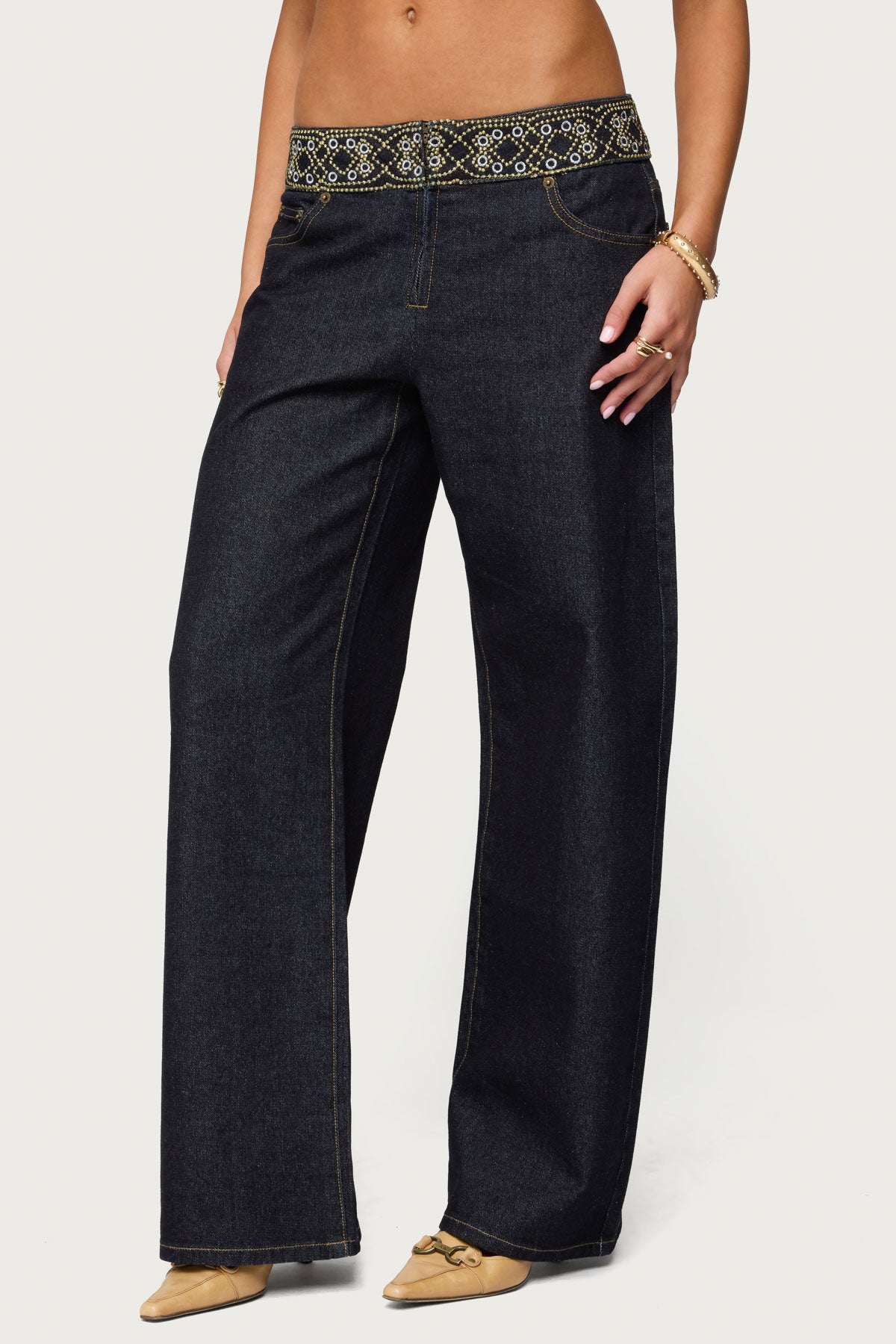 Carlie Embroidered Low Rise Wide Leg Jeans-Milans Time