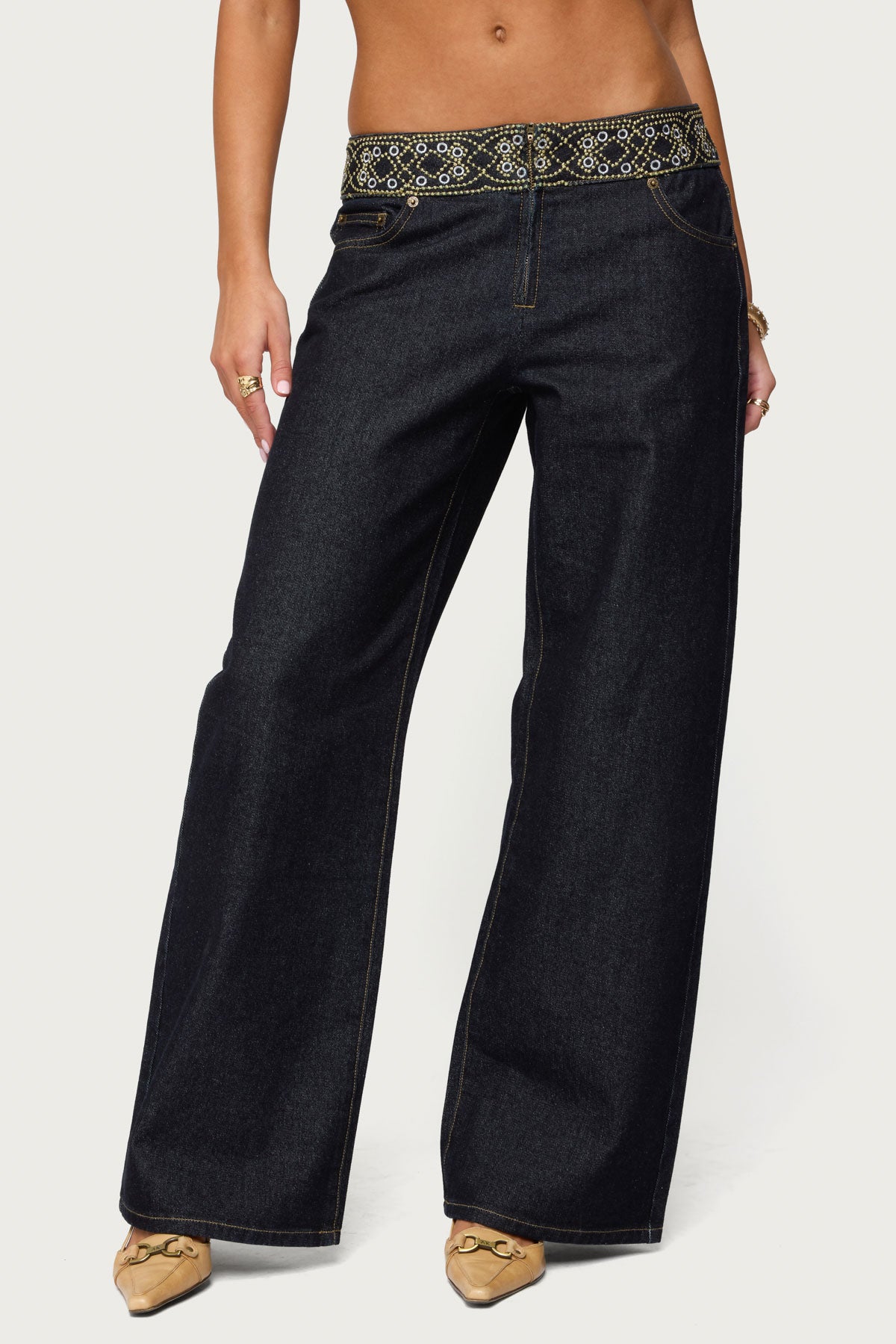 Carlie Embroidered Low Rise Wide Leg Jeans-Milans Time