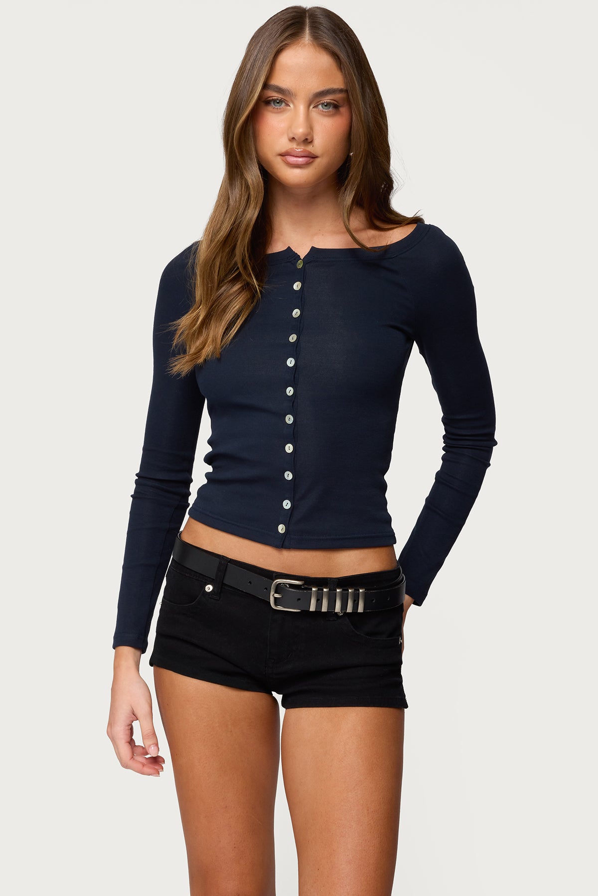 Cameo Boat Neck Button Up Top-Milans Time