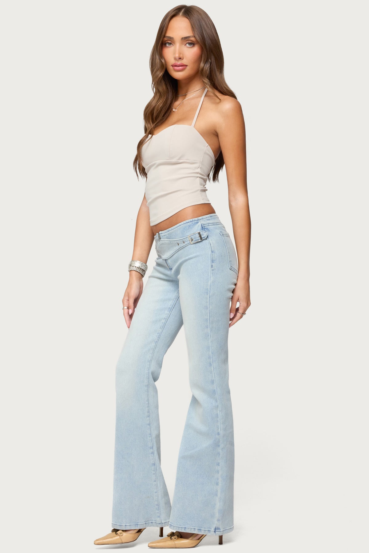 Kenza Belted Low Rise Flared Jeans-Milans Time
