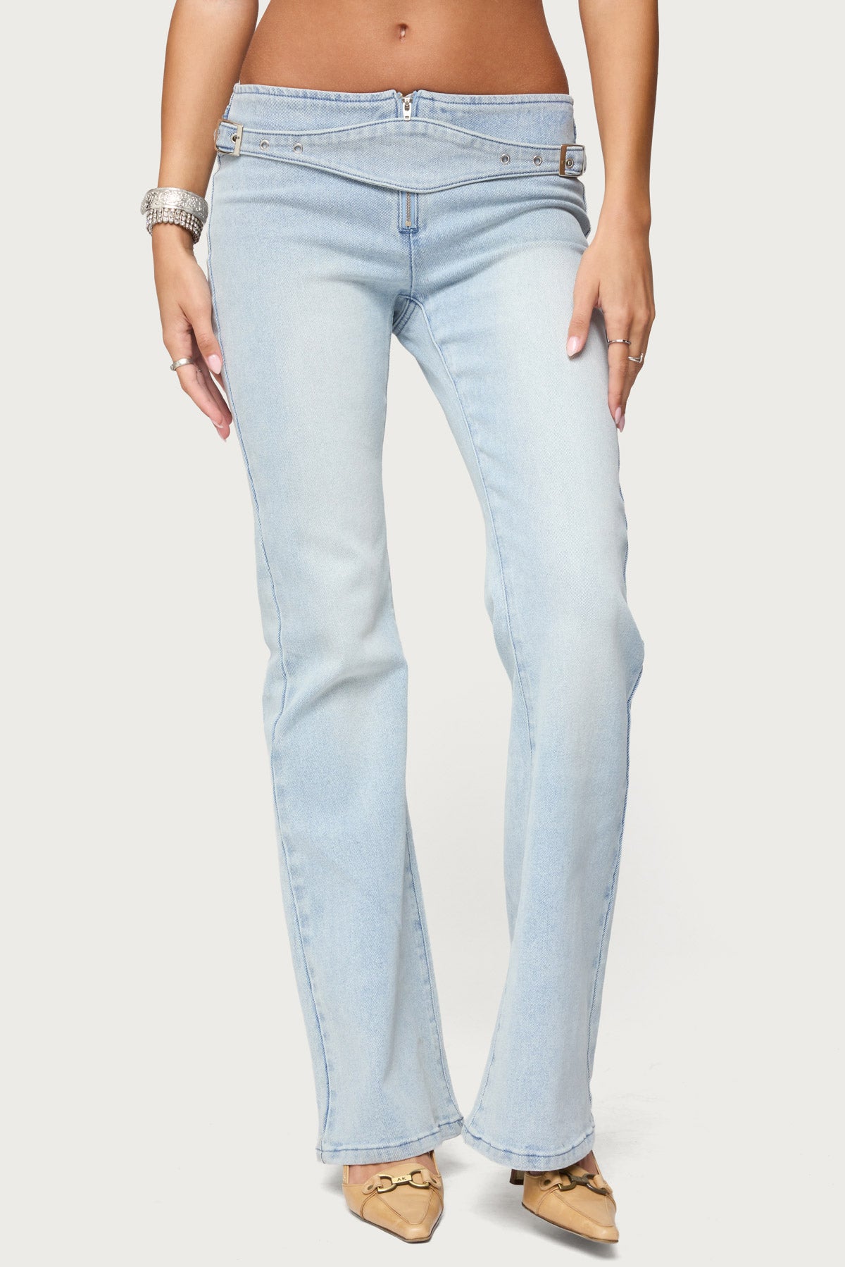 Kenza Belted Low Rise Flared Jeans-Milans Time