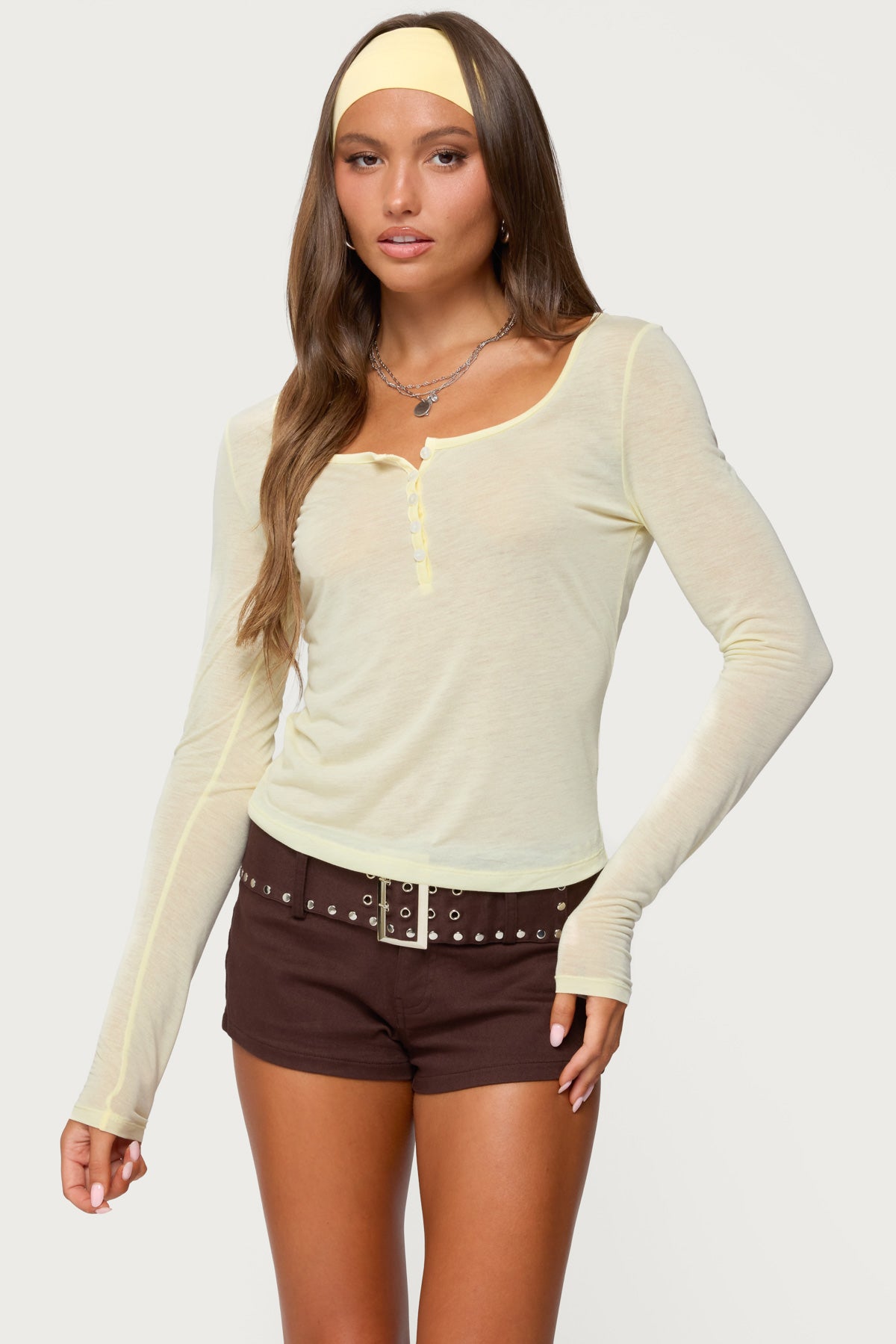 Ria Sheer Long Sleeve Henley Top-Milans Time