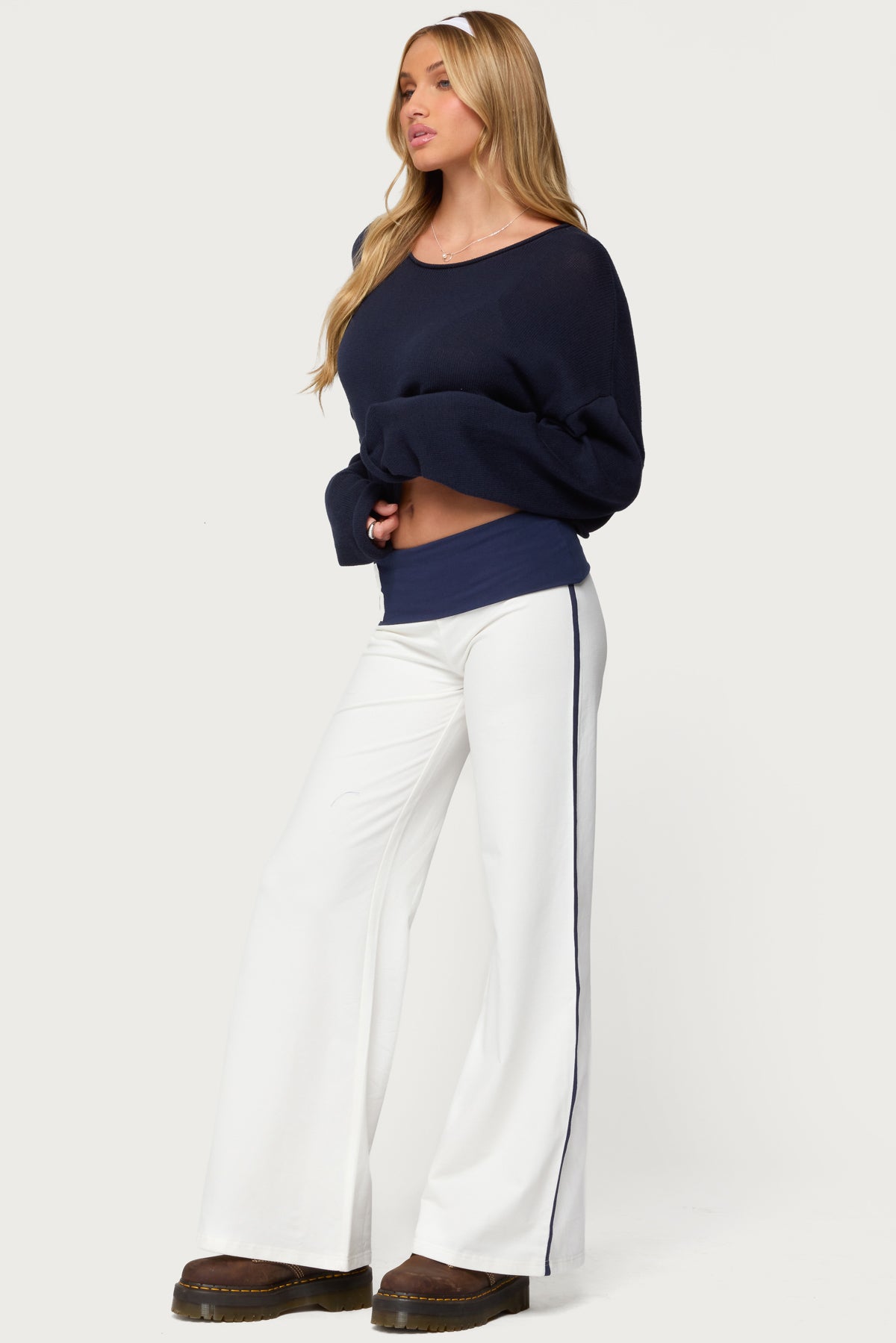 8 Contrast Fold Over Wide Leg Pants-Milans Time