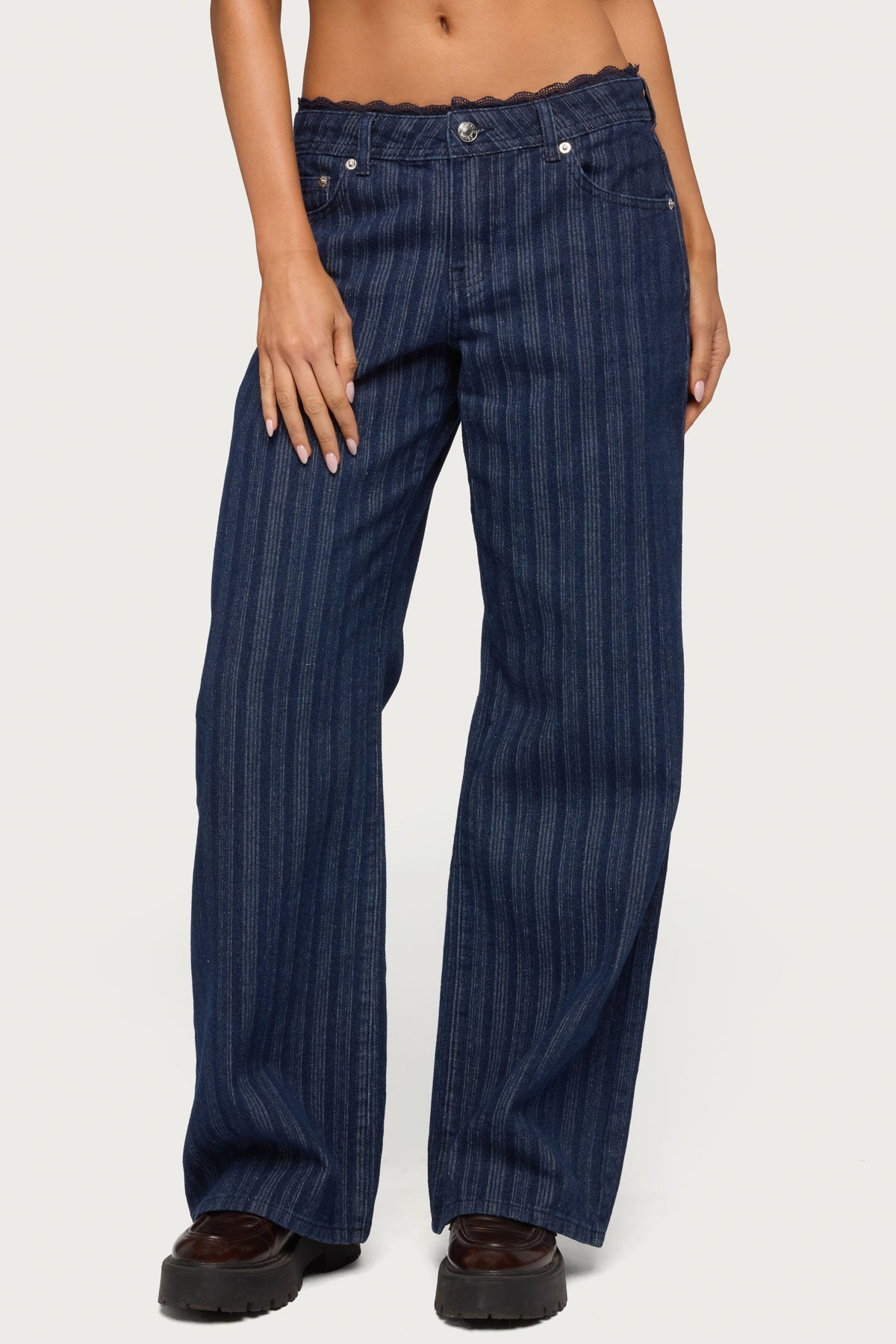 Lace Trim Striped Low Rise Baggy Jeans-Milans Time
