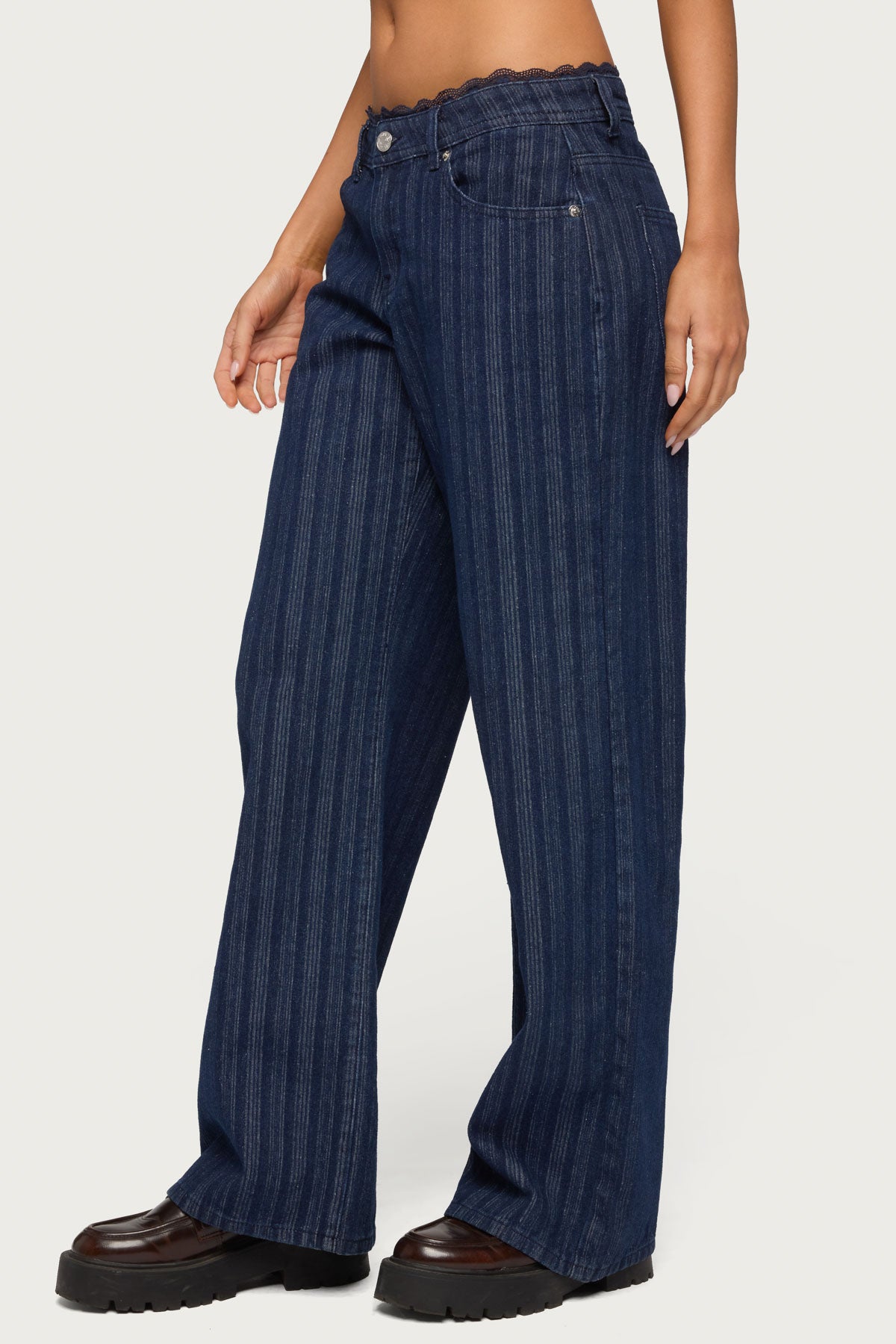 Lace Trim Striped Low Rise Baggy Jeans-Milans Time