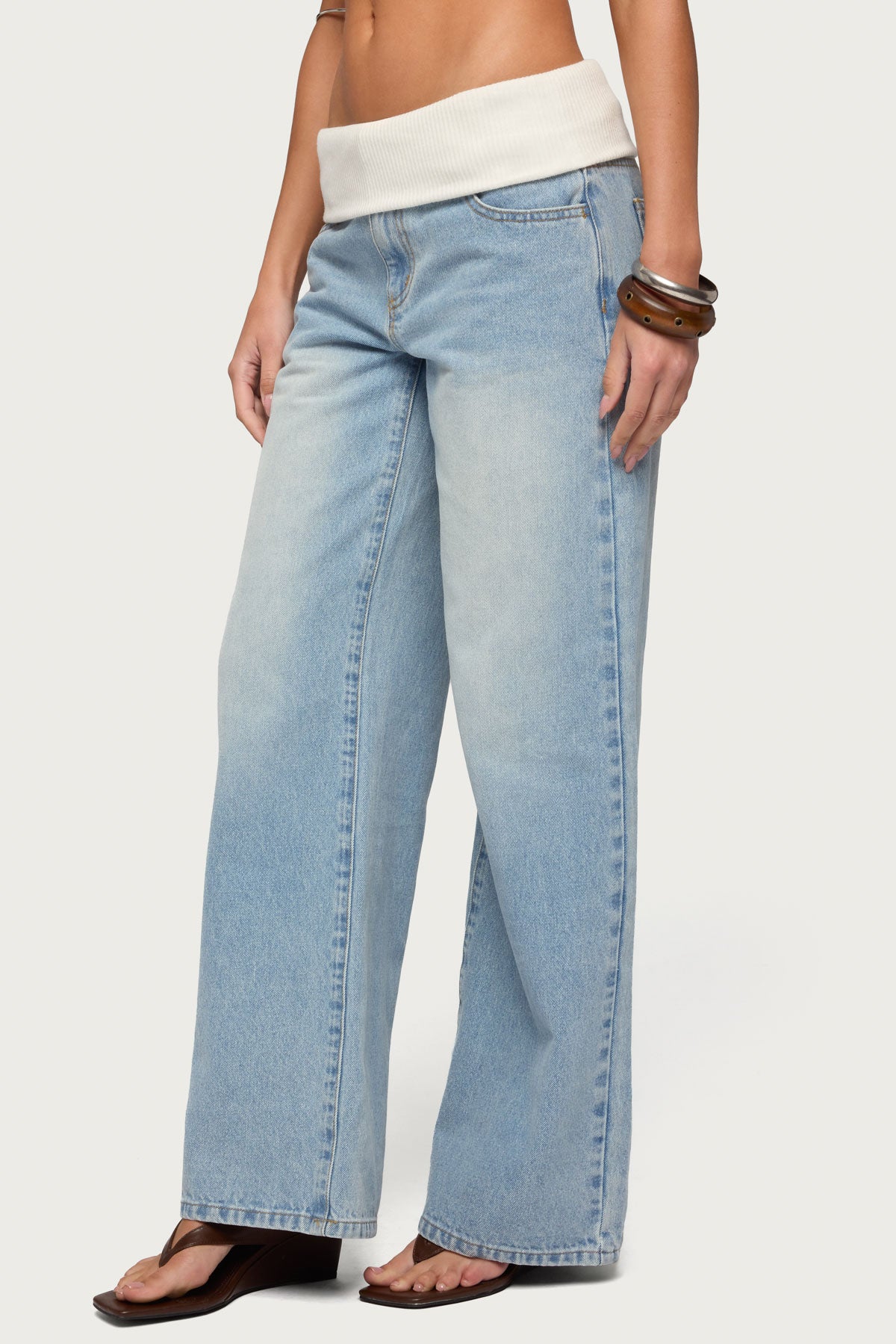 Knit Foldover Low Rise Baggy Jeans-Milans Time